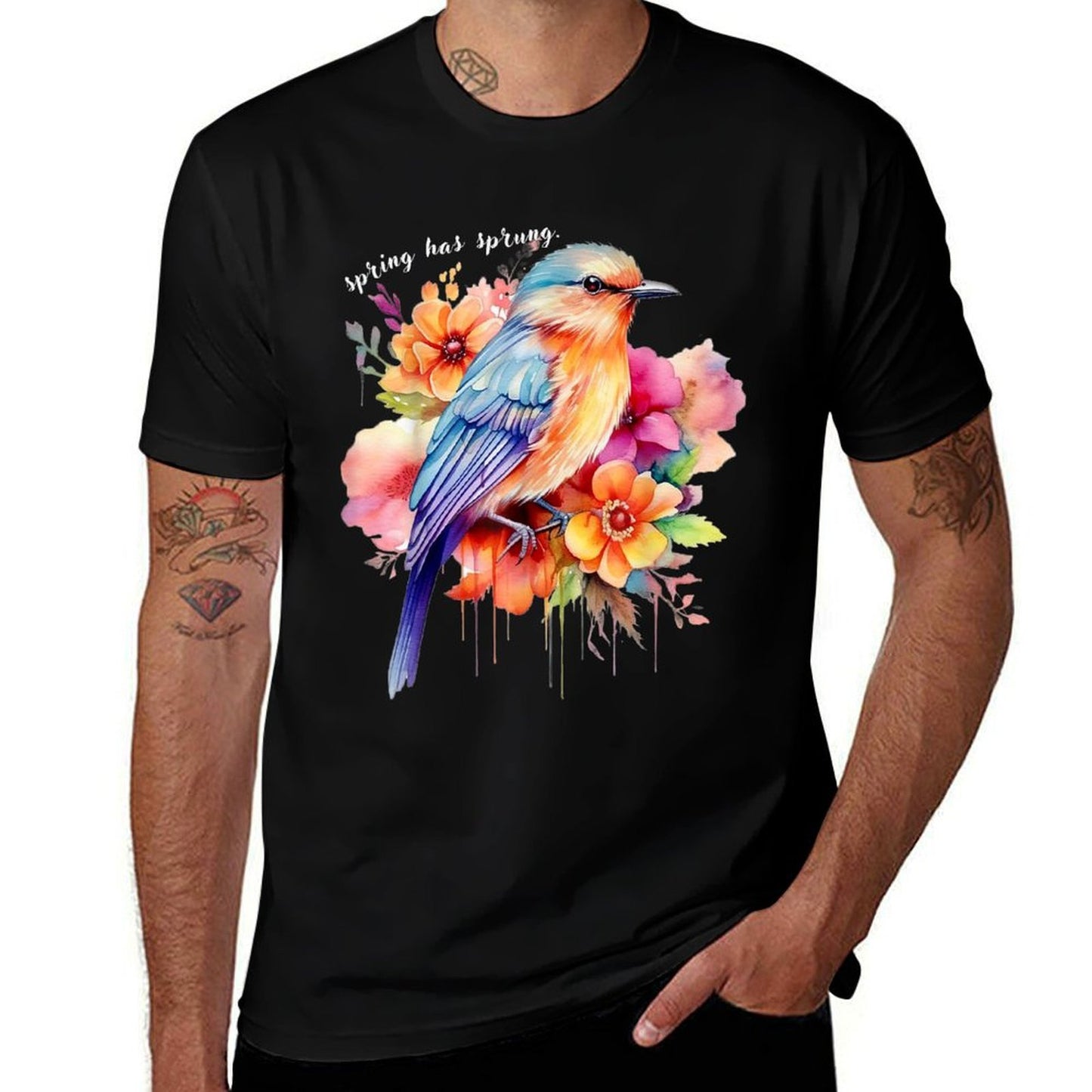 Spring Has Sprung. Floral Bird Spring Flowers Polyester Blend T-Shirt
