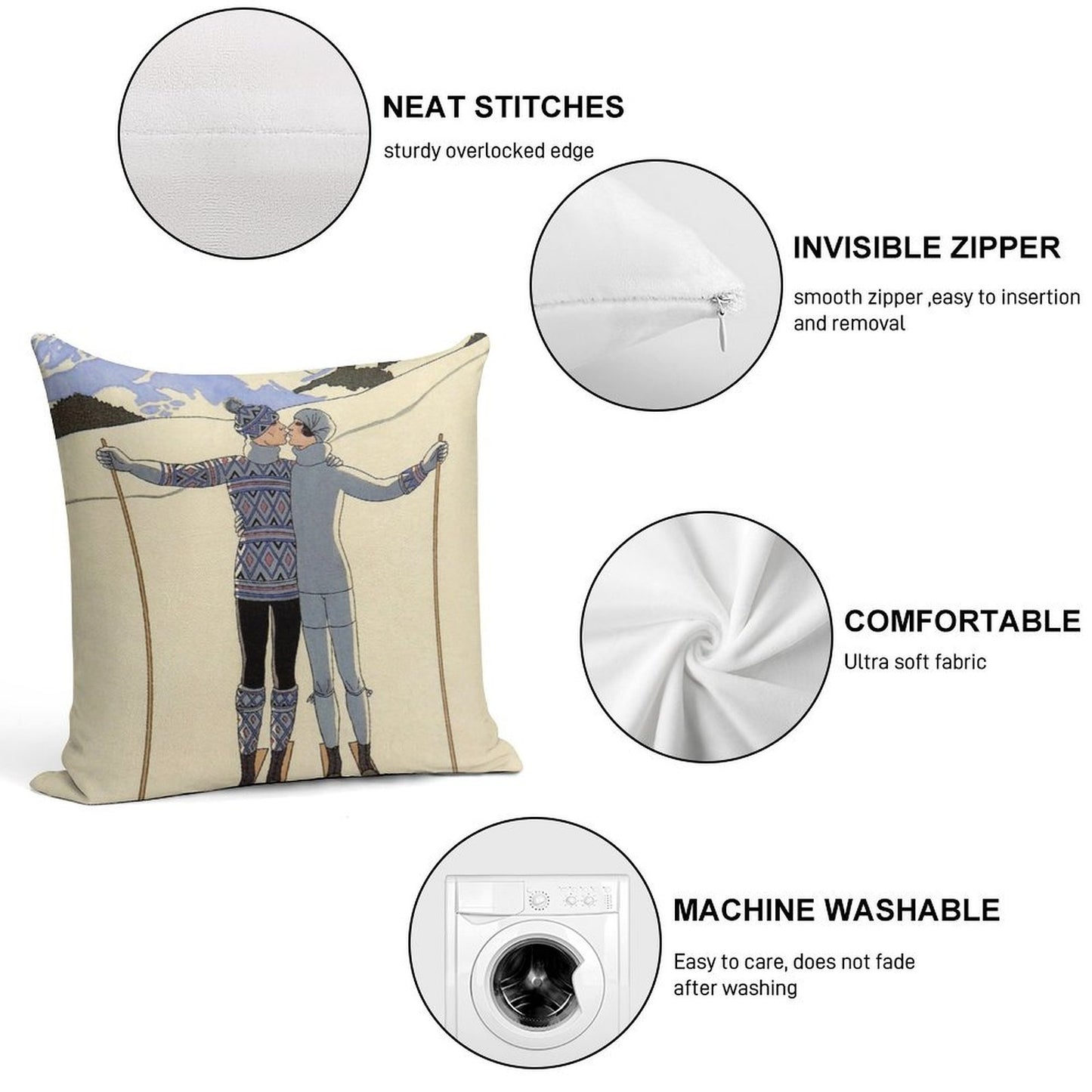 Skiing Kissing Couple Vintage French Sport Fashion Illustration Soft Anti-Pilling Throw Pillow