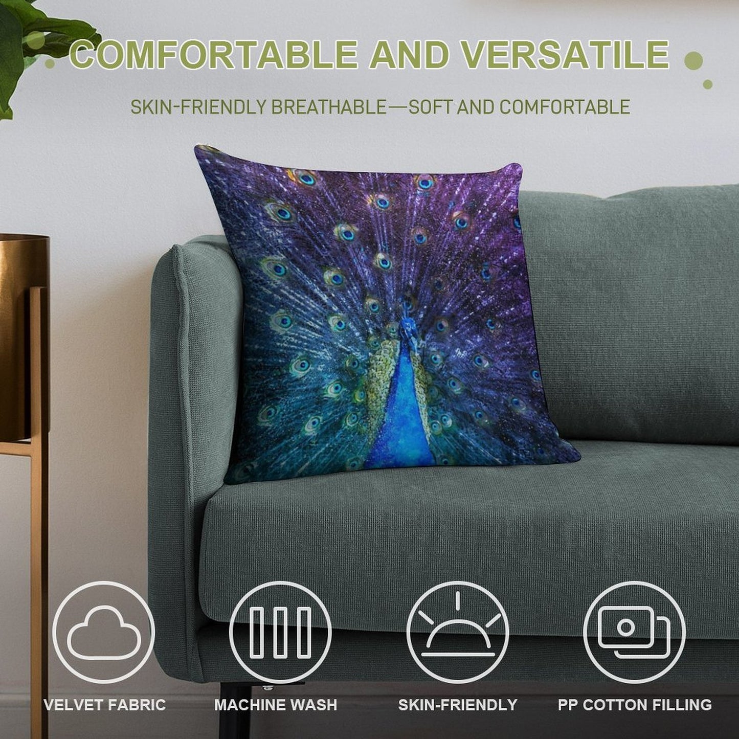 Watercolor Peacock in Purple Soft Warmth Comfort Throw Pillow