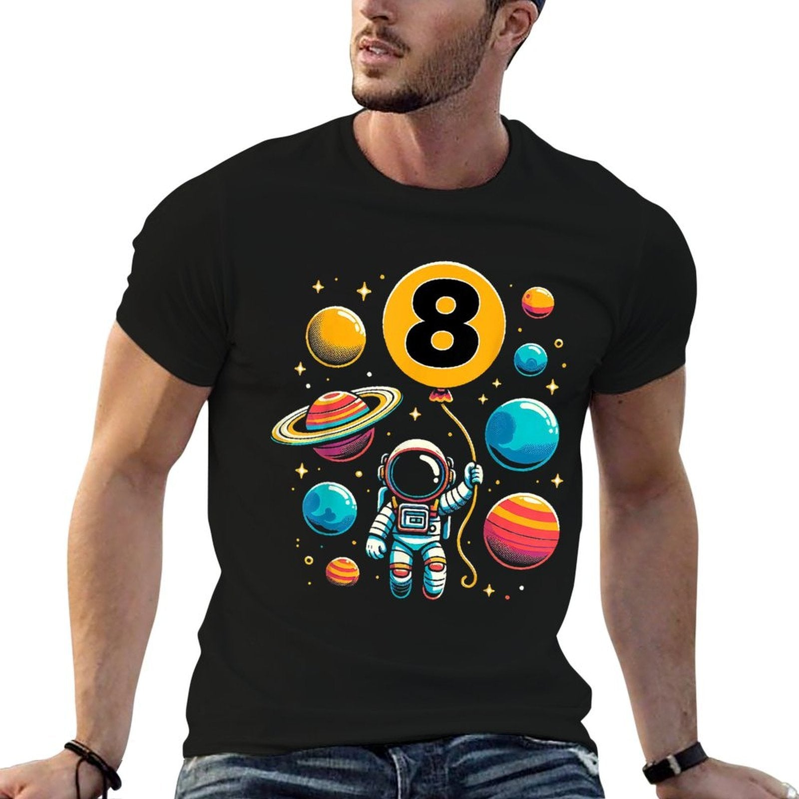 8th Birthday Astronaut Space Planets Eight Years Old  Cotton T-Shirt