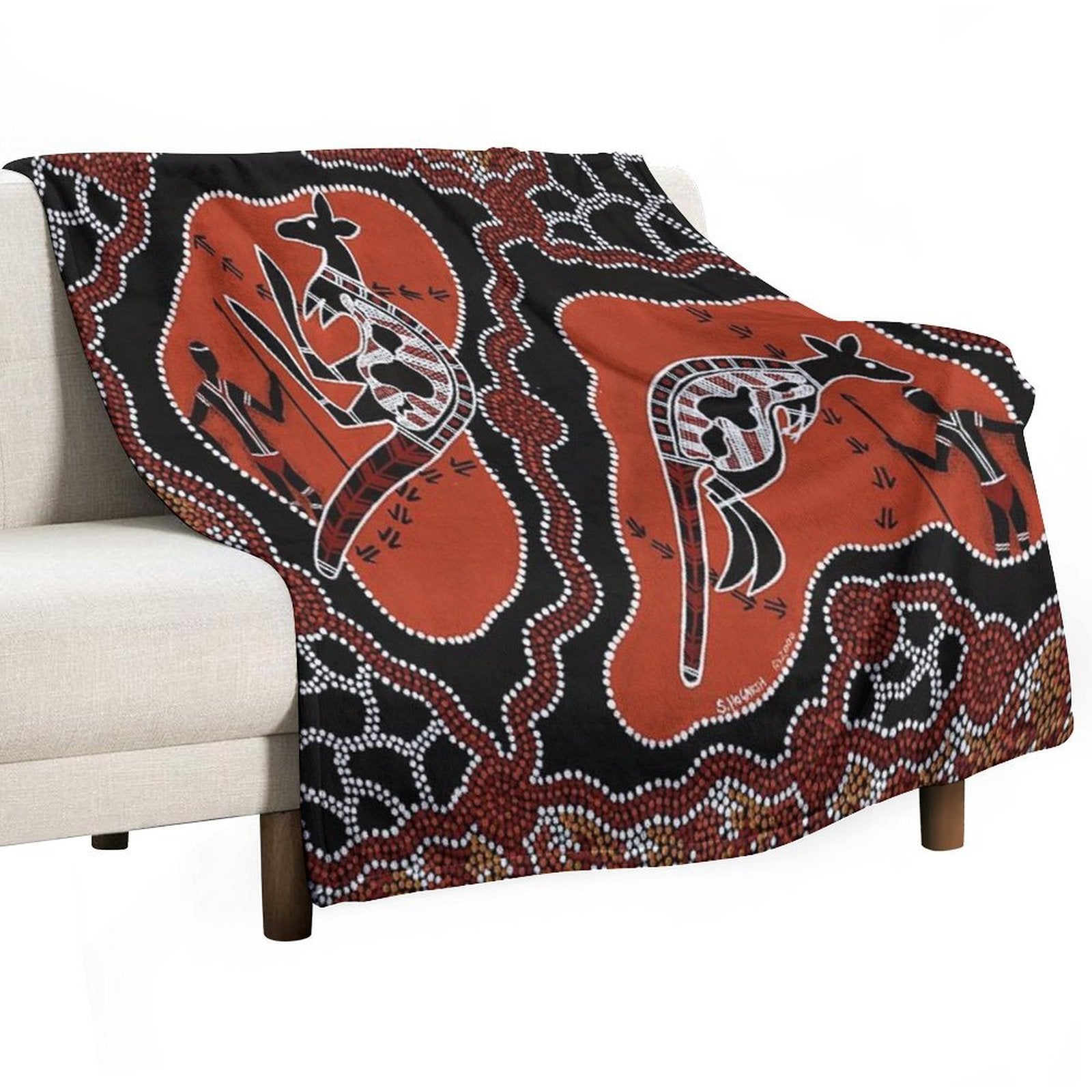 Authentic Aboriginal Art -  Men Kangaroo Hunting Easy Care Throw Blanket
