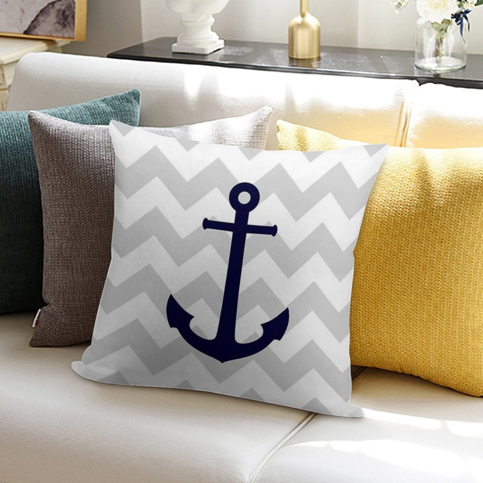 Nautical Navy Blue Anchor On Gray Chevron Soft Durable Construction Throw Pillow