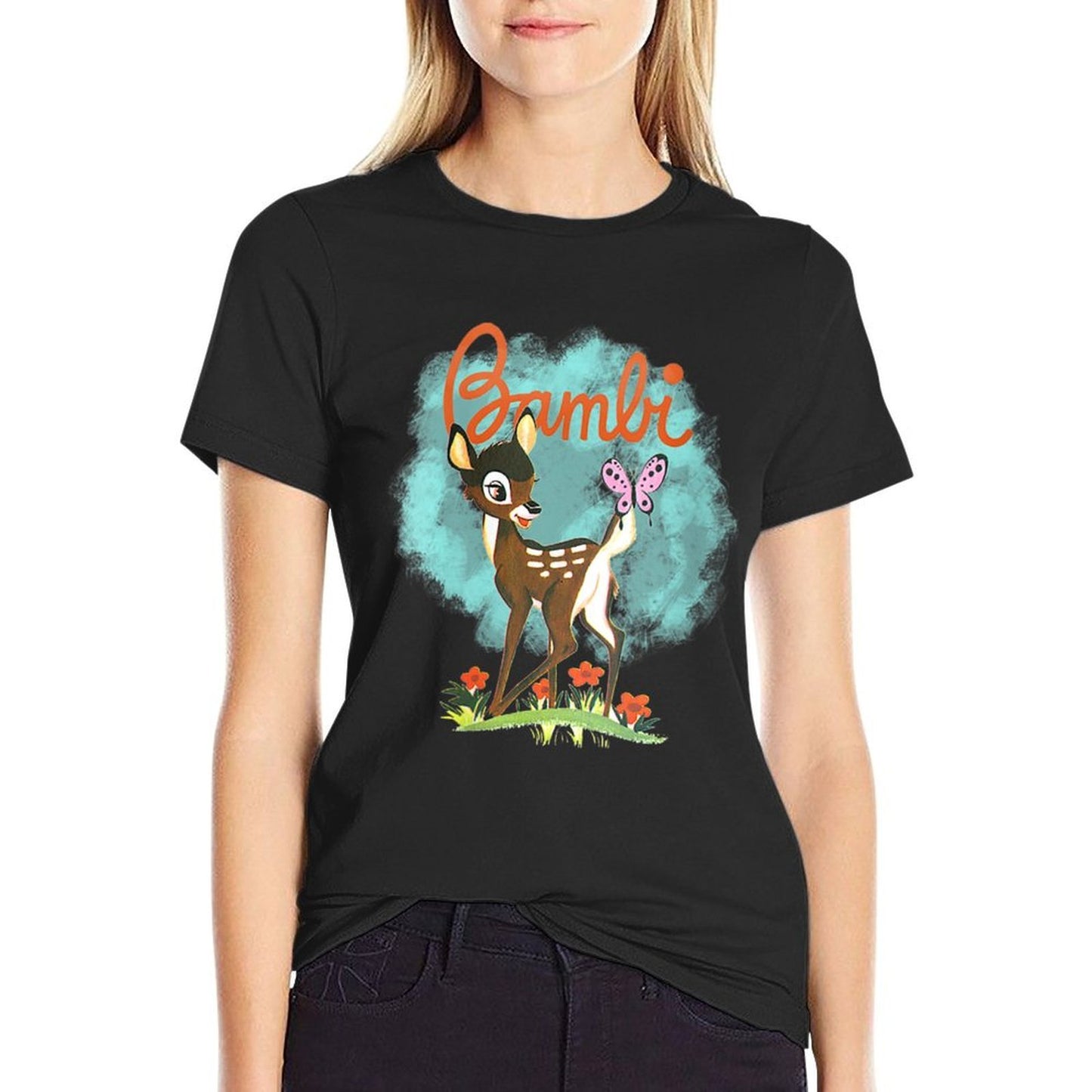 Womens Disney Bambi Cute Bambi Playing Around Watercolor Retro Durable T-Shirt