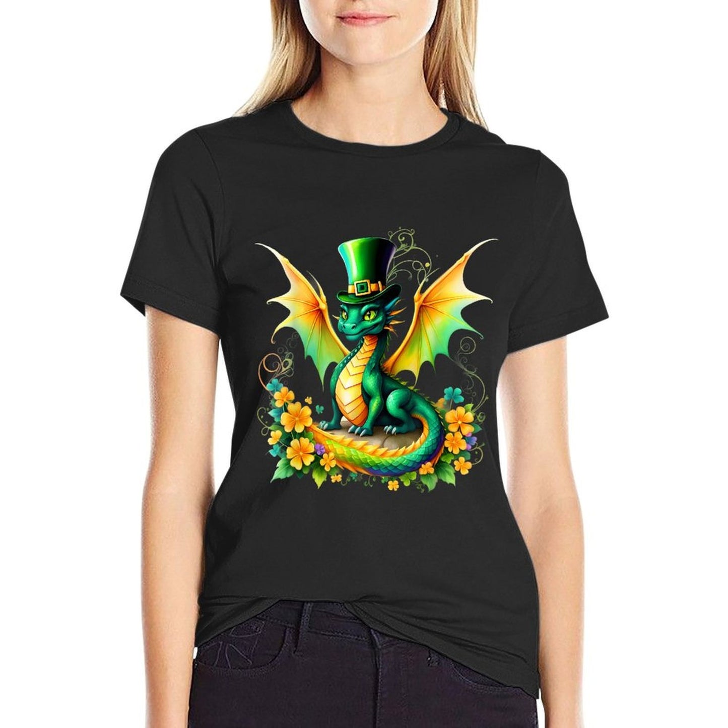 St. Patricks Day Dragon Shamrock Hat Fantasy Art Ribbed Collar T-Shirt
