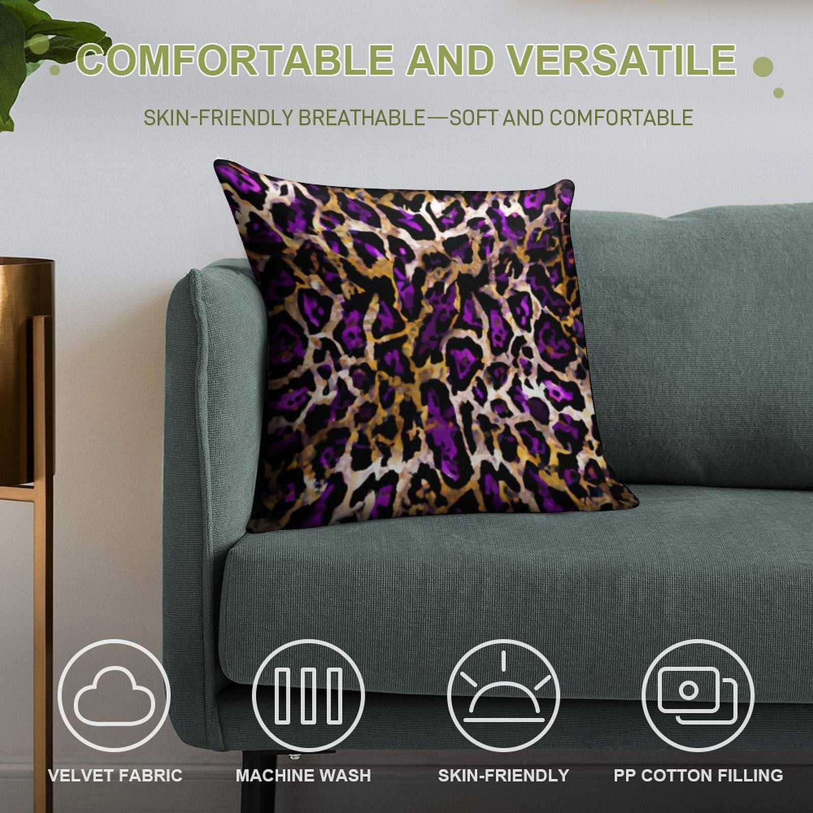Abstract Purple And Gold Leopard Print Soft Washable Throw Pillow