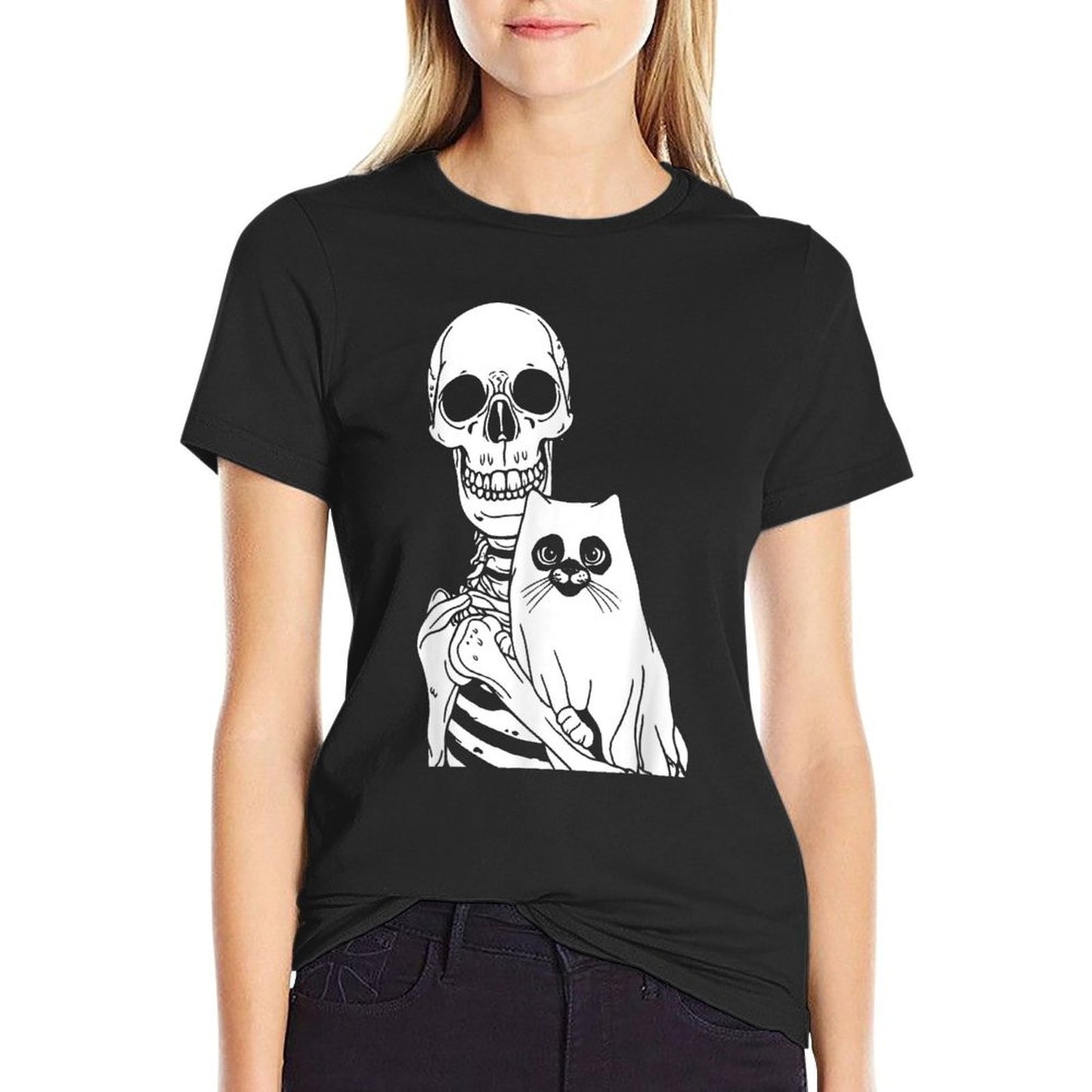 Skeleton Holding Cat Lazy Halloween Costume Skull Kitten  Soft T-Shirt