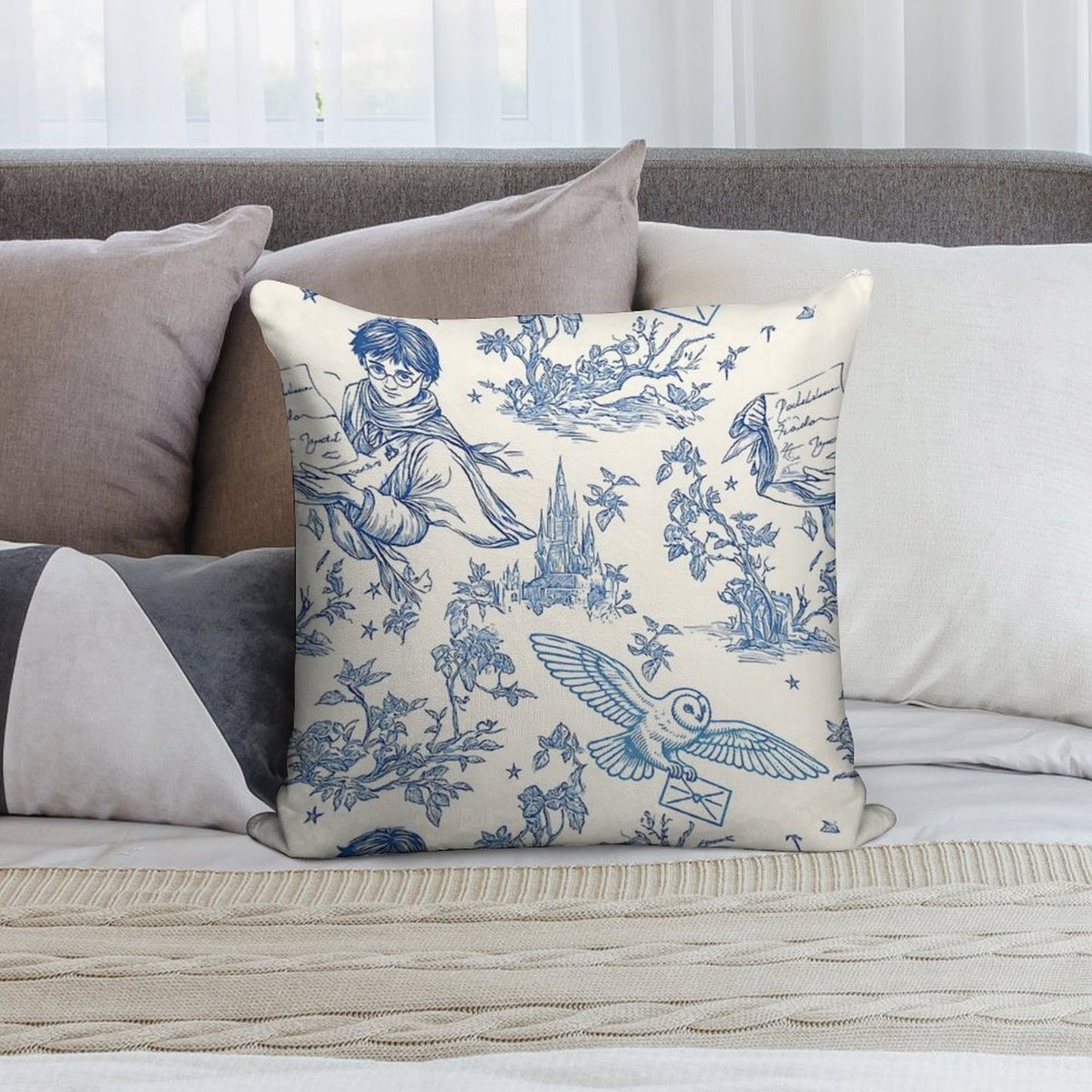 Wizarding World Pattern - Young Wizard And Owl Toile De Jouy Soft Anti-Pilling Throw Pillow