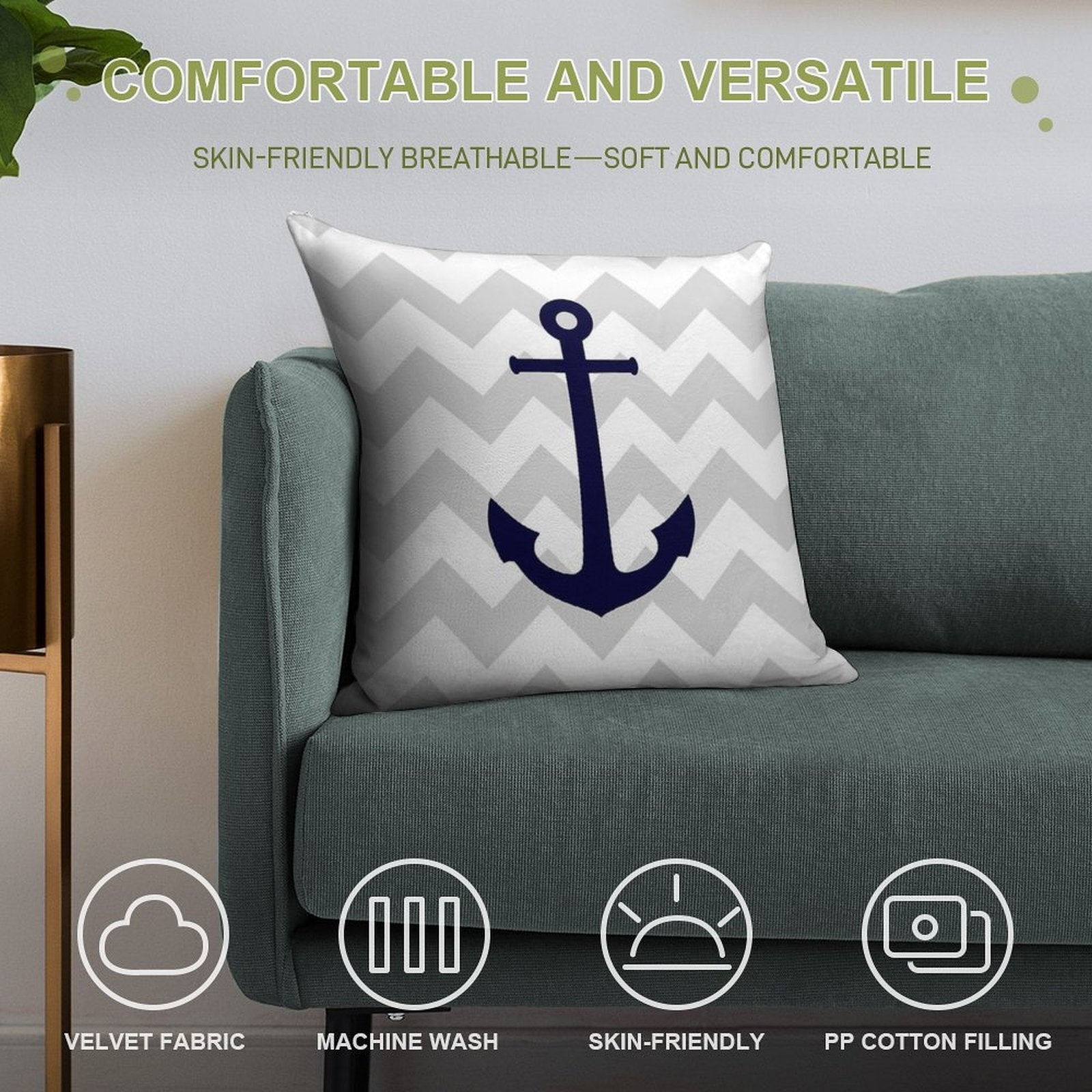 Nautical Navy Blue Anchor On Gray Chevron Soft Durable Construction Throw Pillow