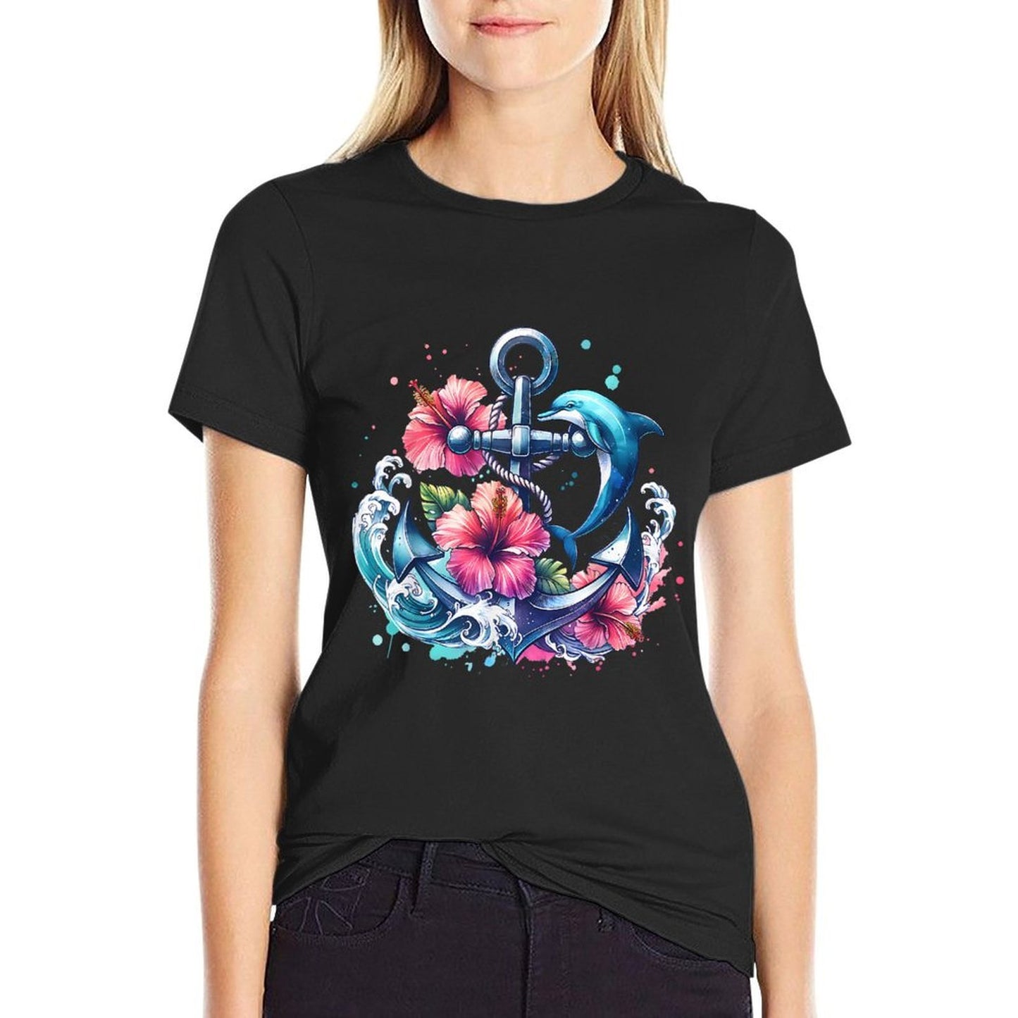 Watercolor Floral Anchor Dolphin Nautical Sea Animal Summer Breathable T-Shirt