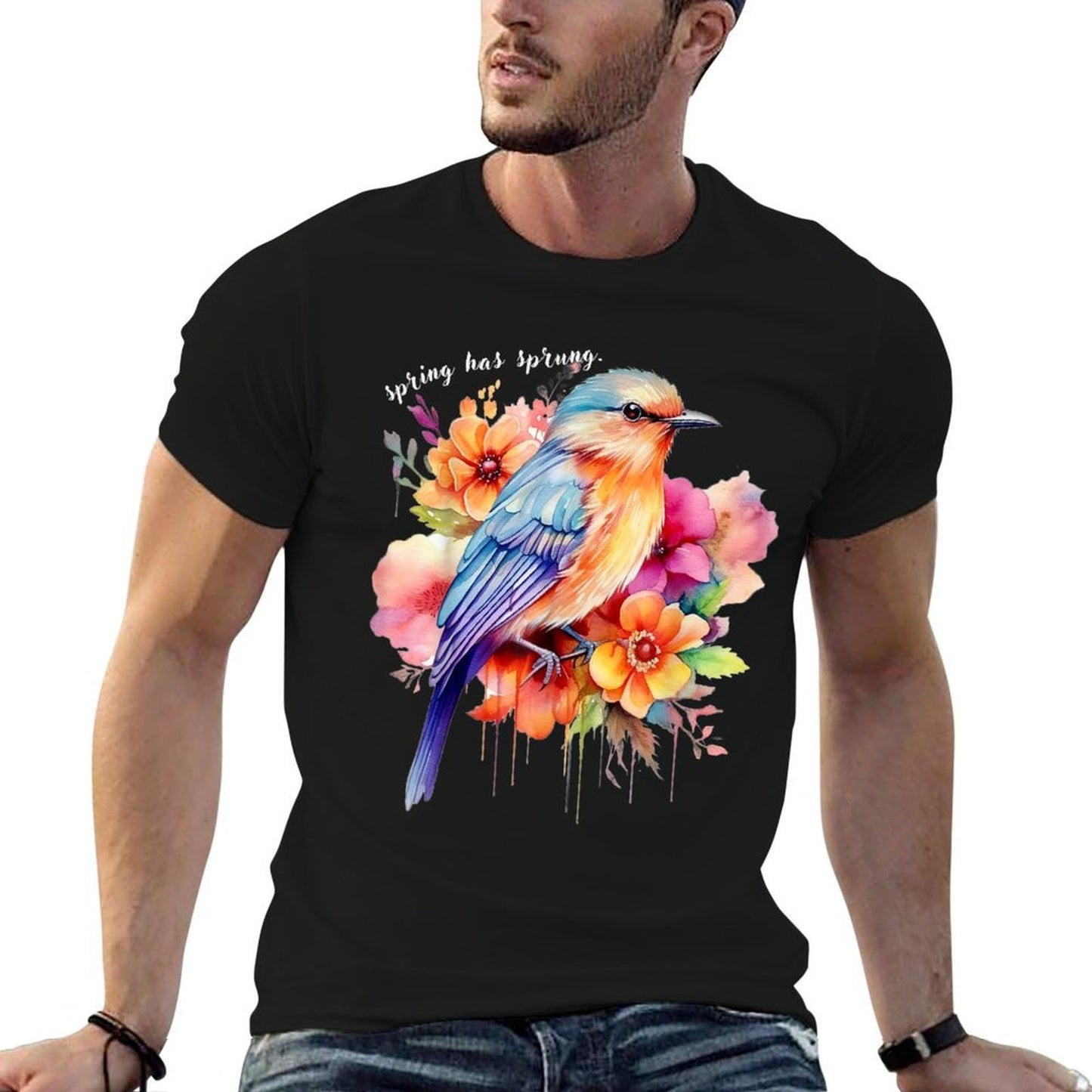 Spring Has Sprung. Floral Bird Spring Flowers Polyester Blend T-Shirt