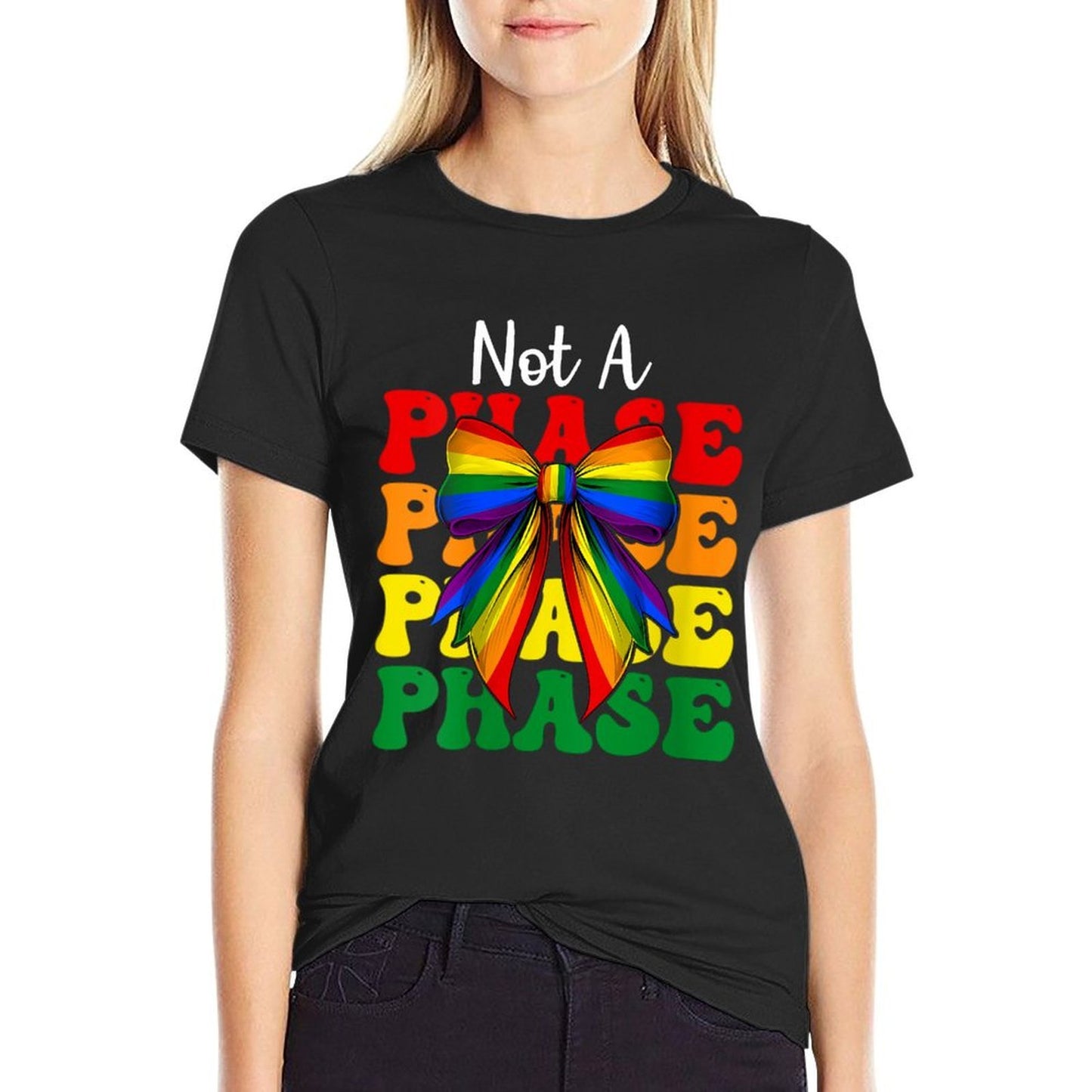 Womens Gay Pride Rainbow LGBTQ Girl Coquette Bow Not A Phase Easy-care T-Shirt