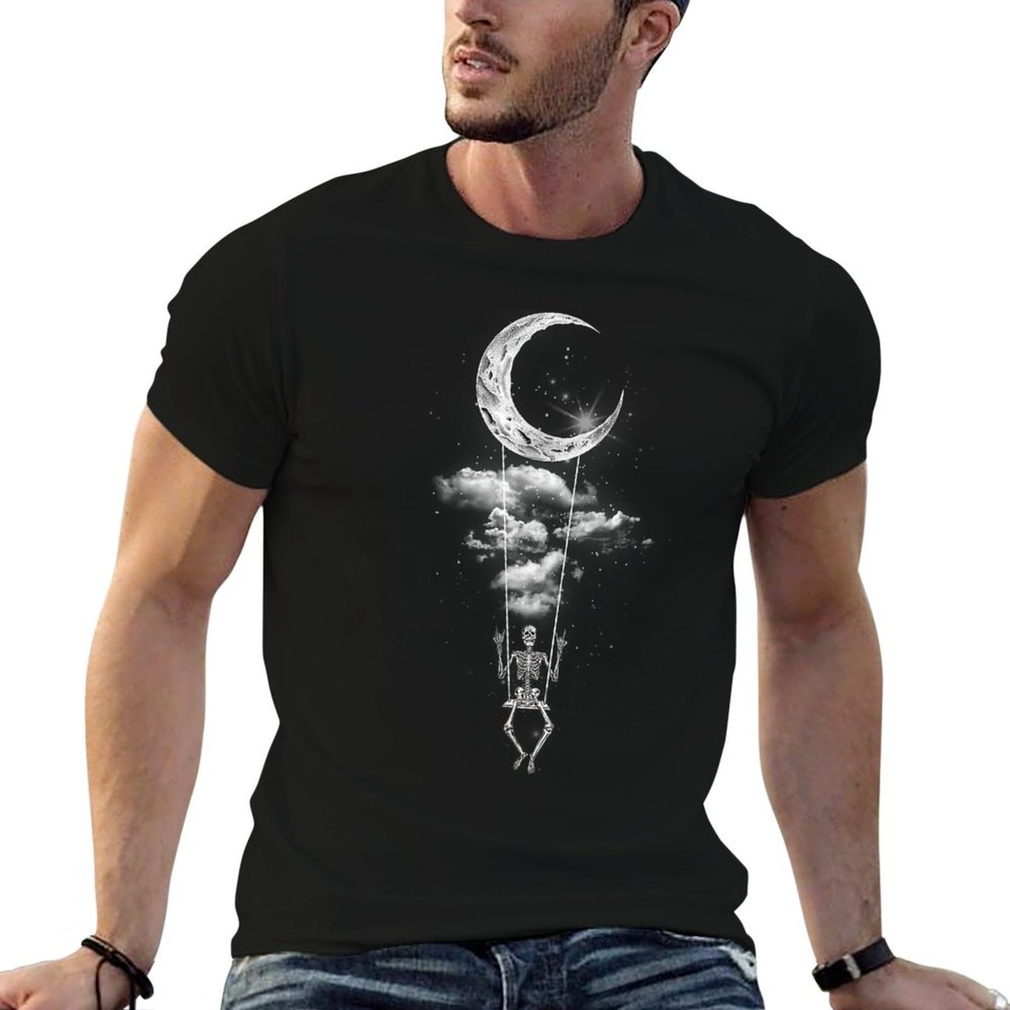 Skeleton Hand Rock On Moon Swing Funny Halloween  Lightweight T-Shirt
