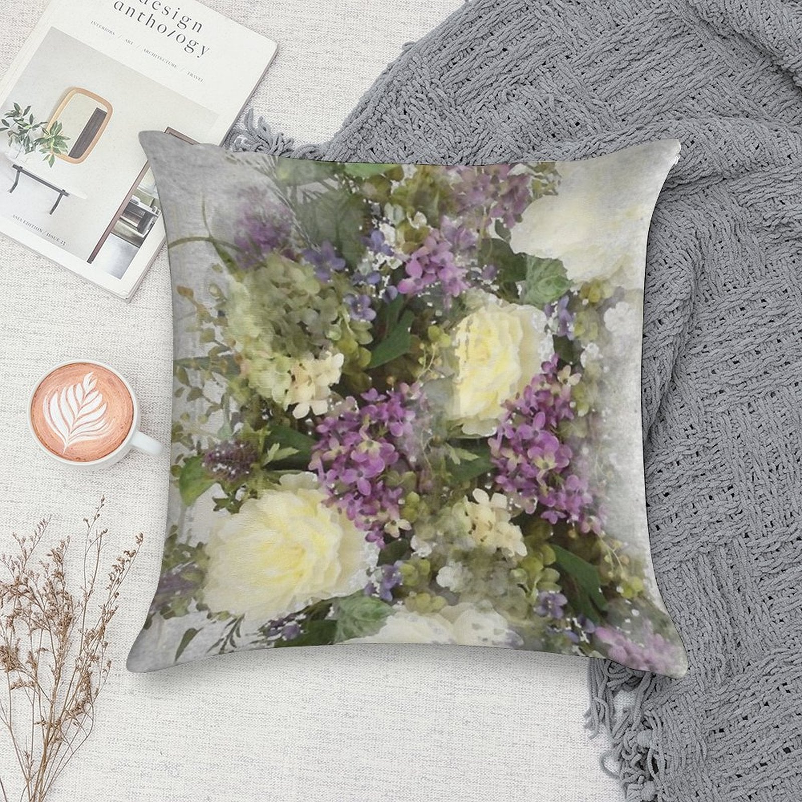 All Kinds of Lovely- A Watercolour Floral Bouquet of Cream Roses And Purple Flowers Soft Multiple Sizes Throw Pillow