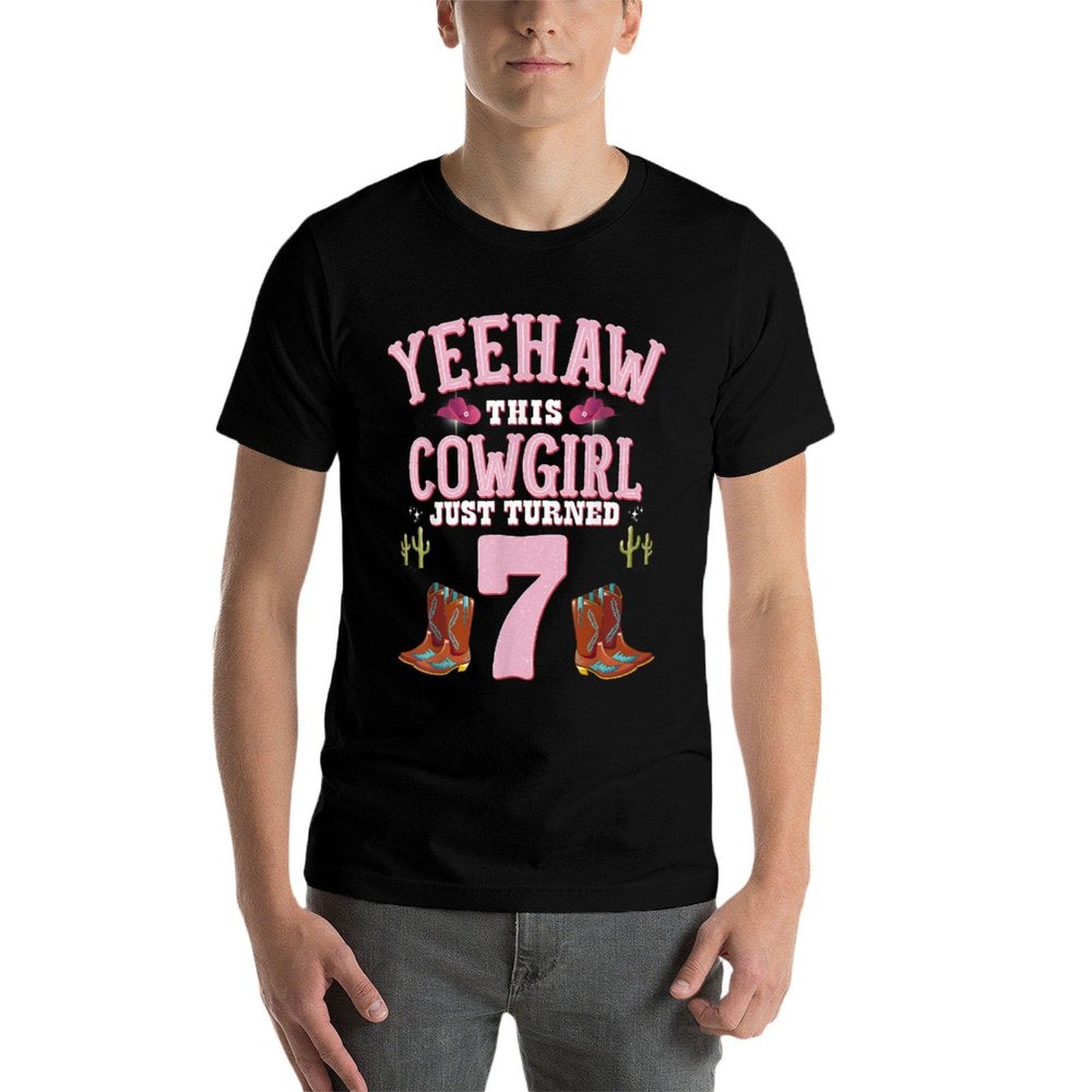 7th Birthday Girls Cowgirl YEEHAW Western Themed Birthday  Rolled Sleeves T-Shirt