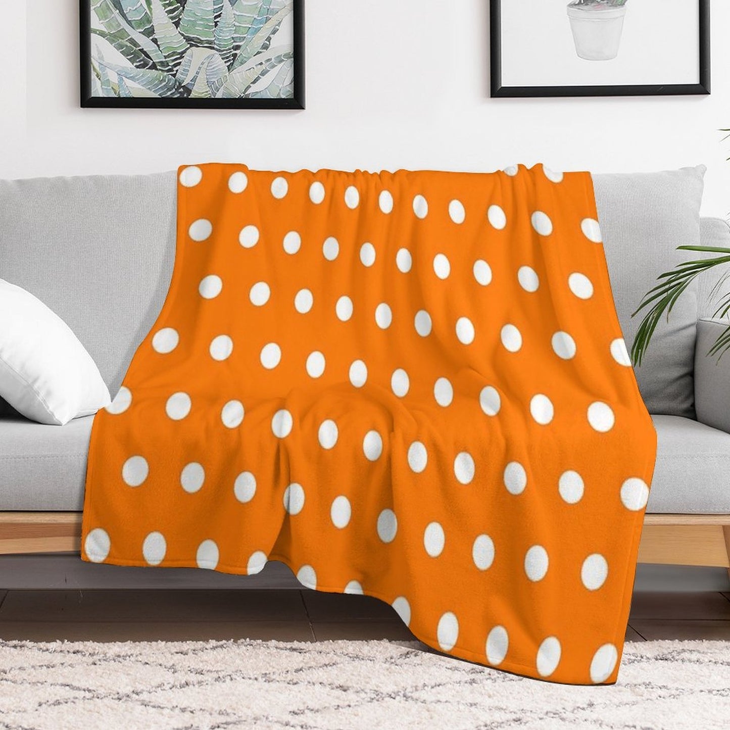 White And Calendula Orange Textured Polka Dot Grid Plush Throw Blanket