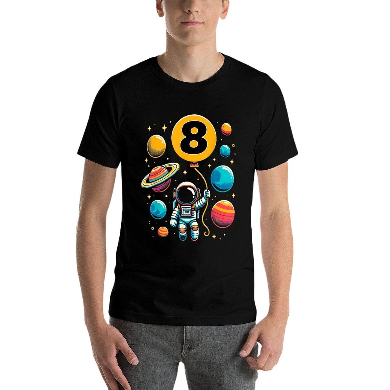 8th Birthday Astronaut Space Planets Eight Years Old  Cotton T-Shirt