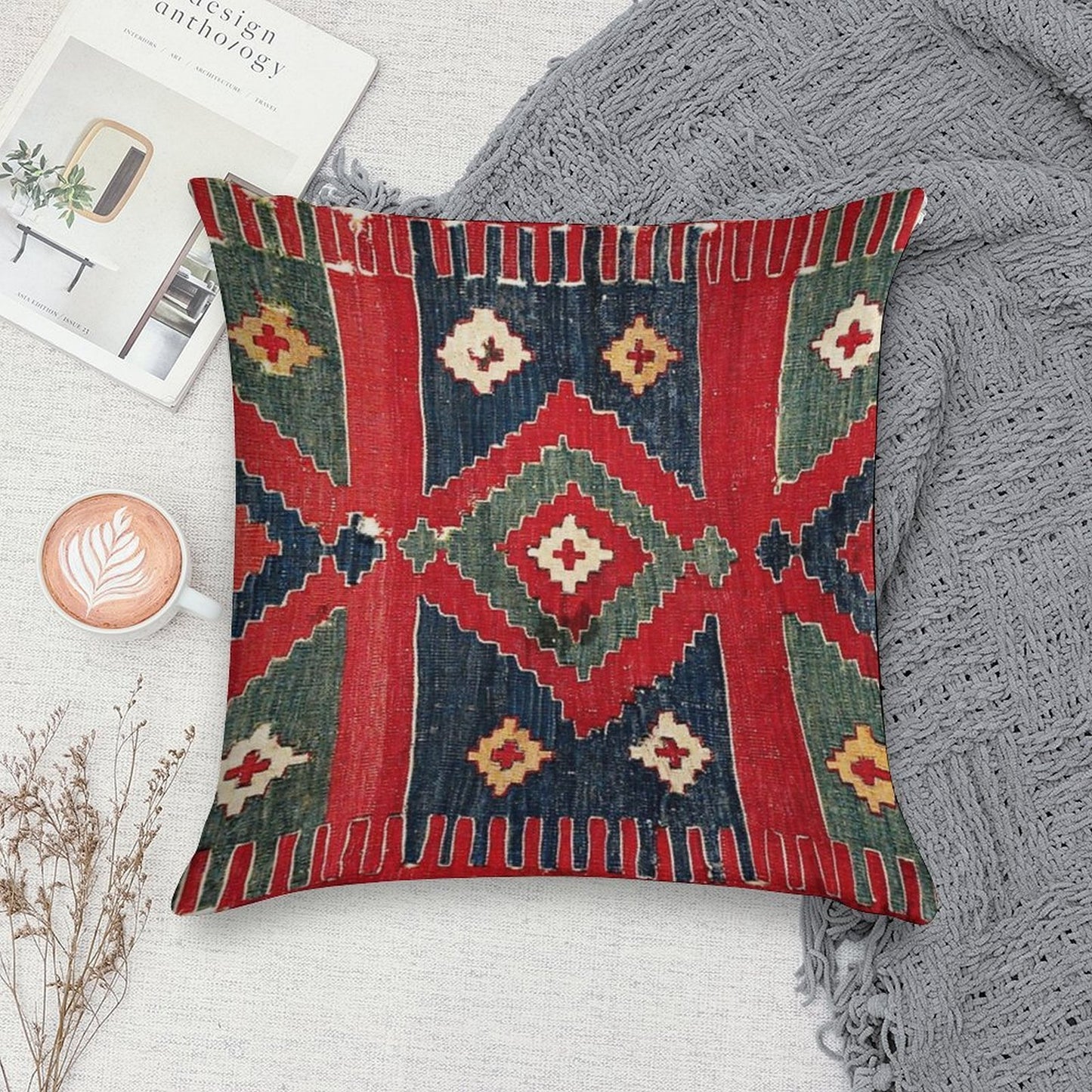 Yüncü Antique Balikesir Turkish Kilim Print Soft Warmth Comfort Throw Pillow