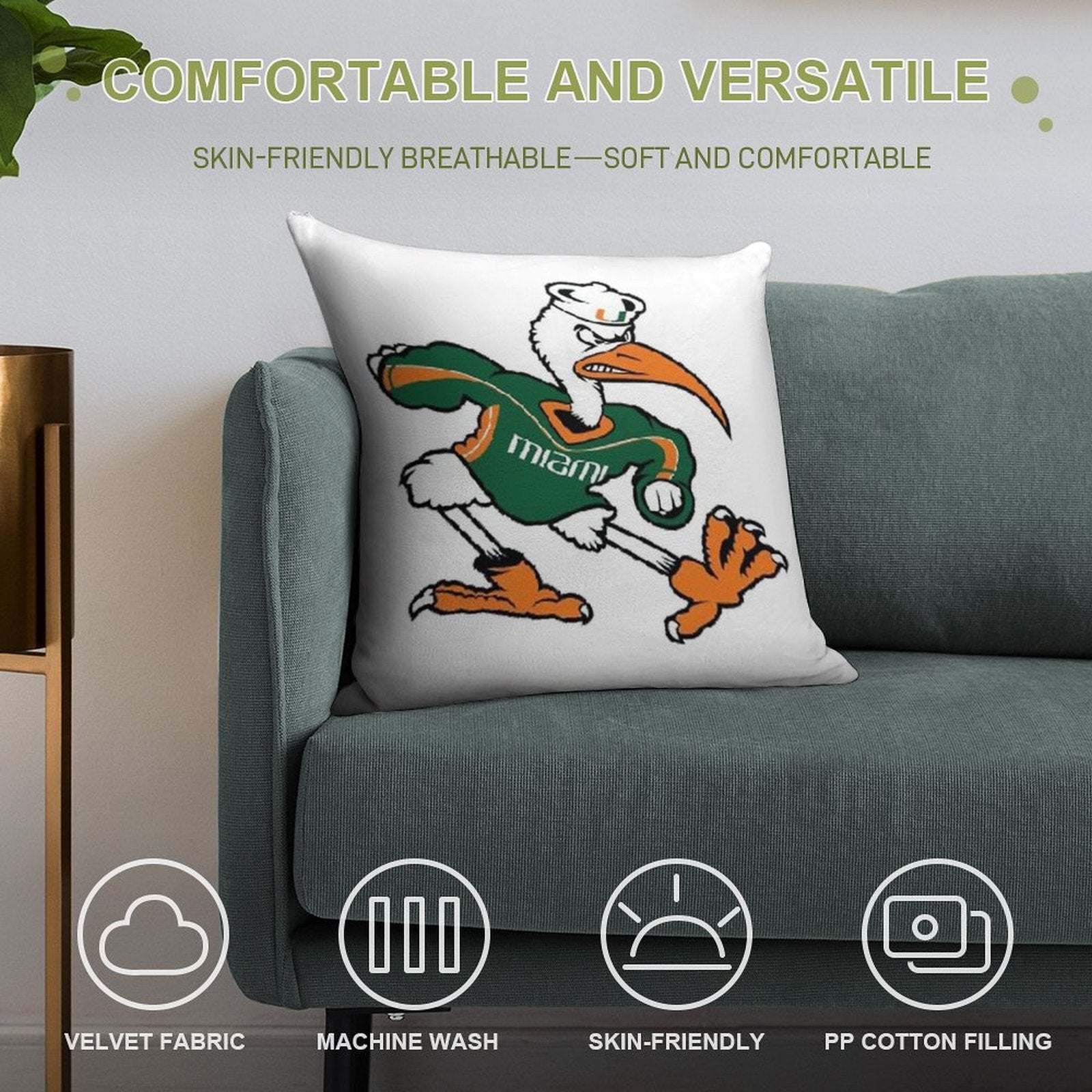 Miami Hurricanes Soft Luxury Feel Throw Pillow