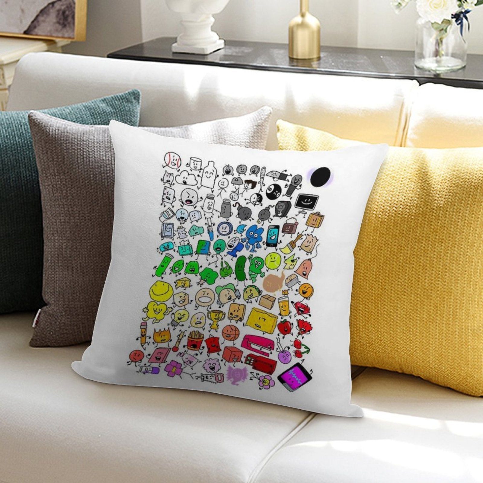 BFDI Inanimate Insanity All Characters (Transparent) Soft Decorative Cover Throw Pillow