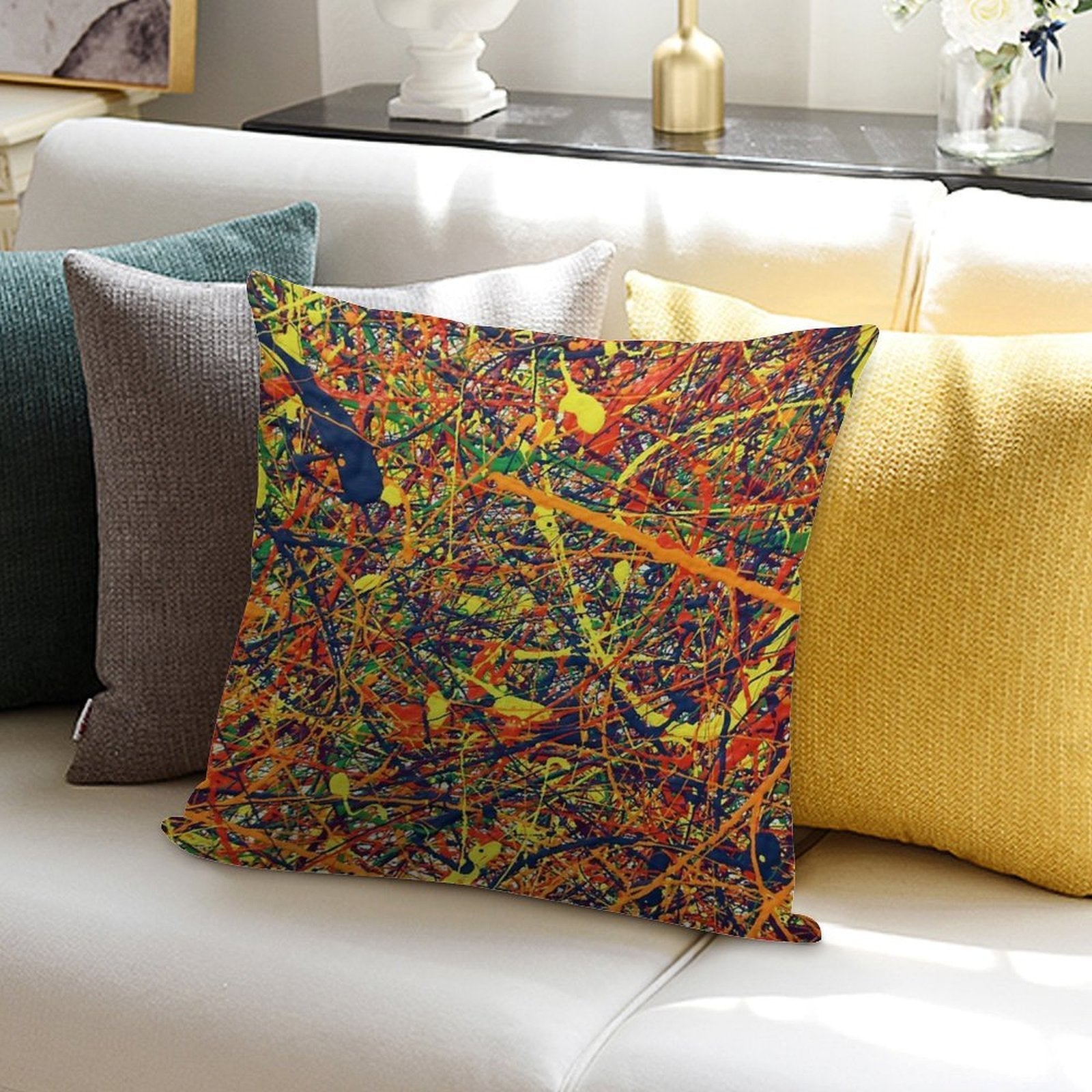 Modern Abstract Jackson Pollock Painting Original Art Titled Constant Harmony Soft High-Density Material Throw Pillow