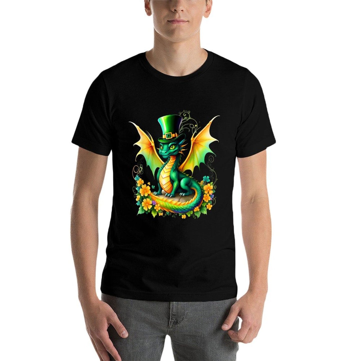 St. Patricks Day Dragon Shamrock Hat Fantasy Art Ribbed Collar T-Shirt