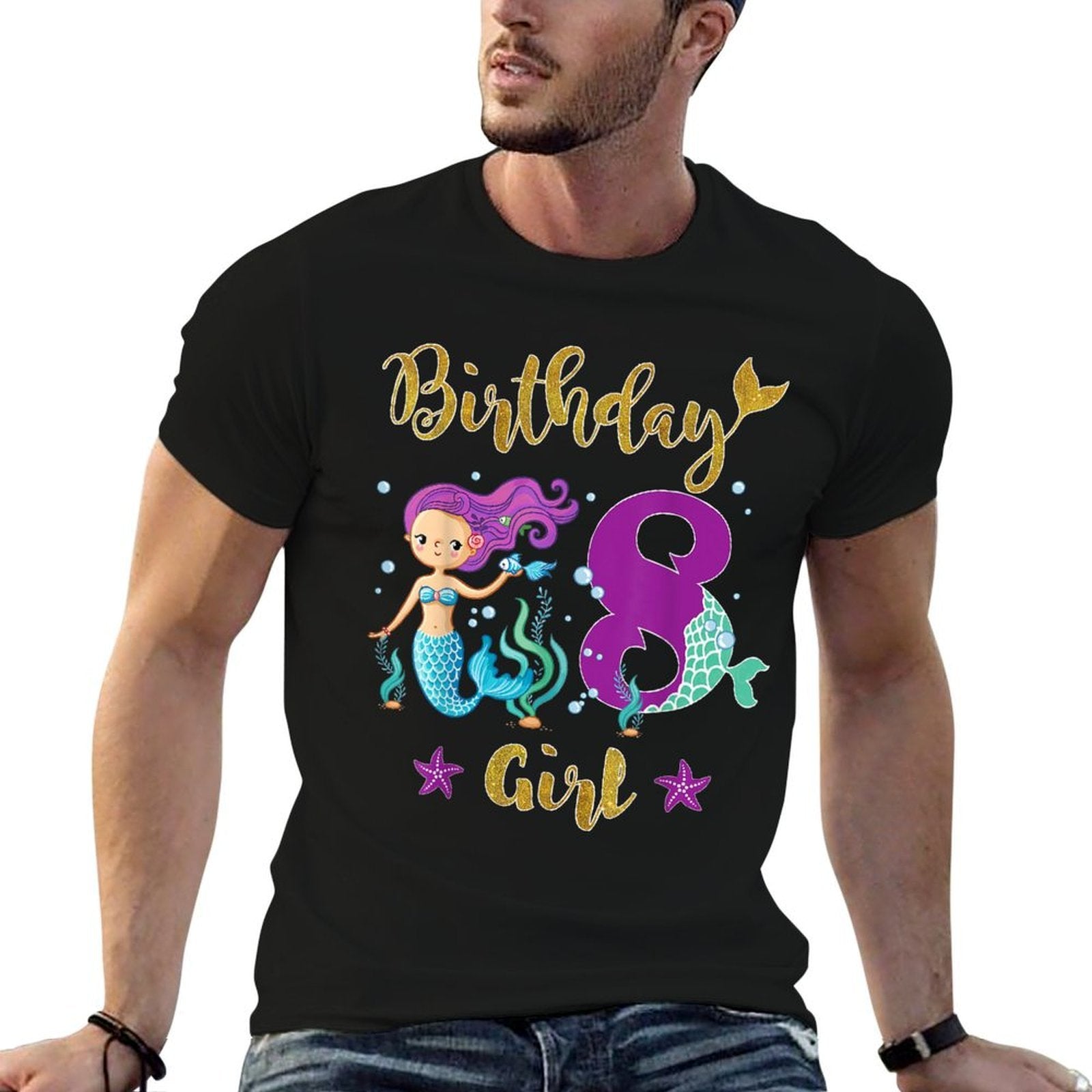8 Year Old Mermaid Birthday Gift for Girls  Ribbed Collar T-Shirt