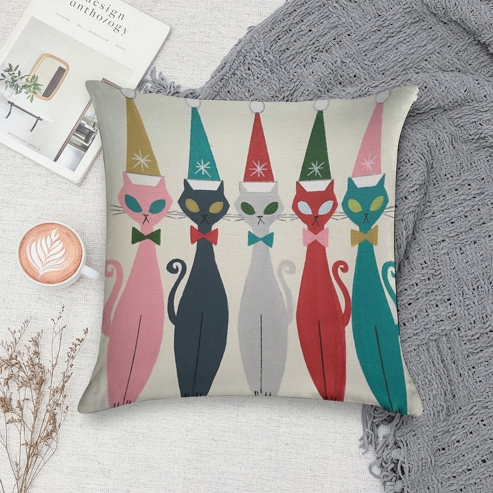 Multicolor Kitty Santa Soft Washable Throw Pillow