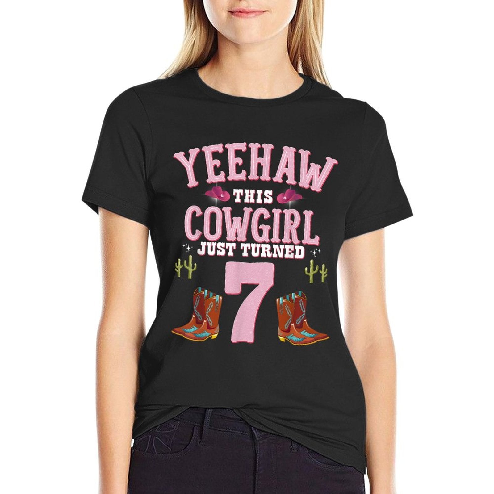 7th Birthday Girls Cowgirl YEEHAW Western Themed Birthday  Rolled Sleeves T-Shirt