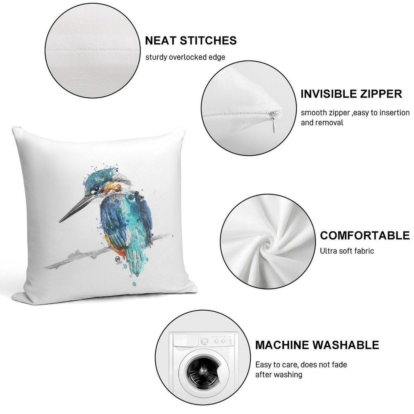 Watercolour Kingfisher Soft Easy Maintenance Throw Pillow
