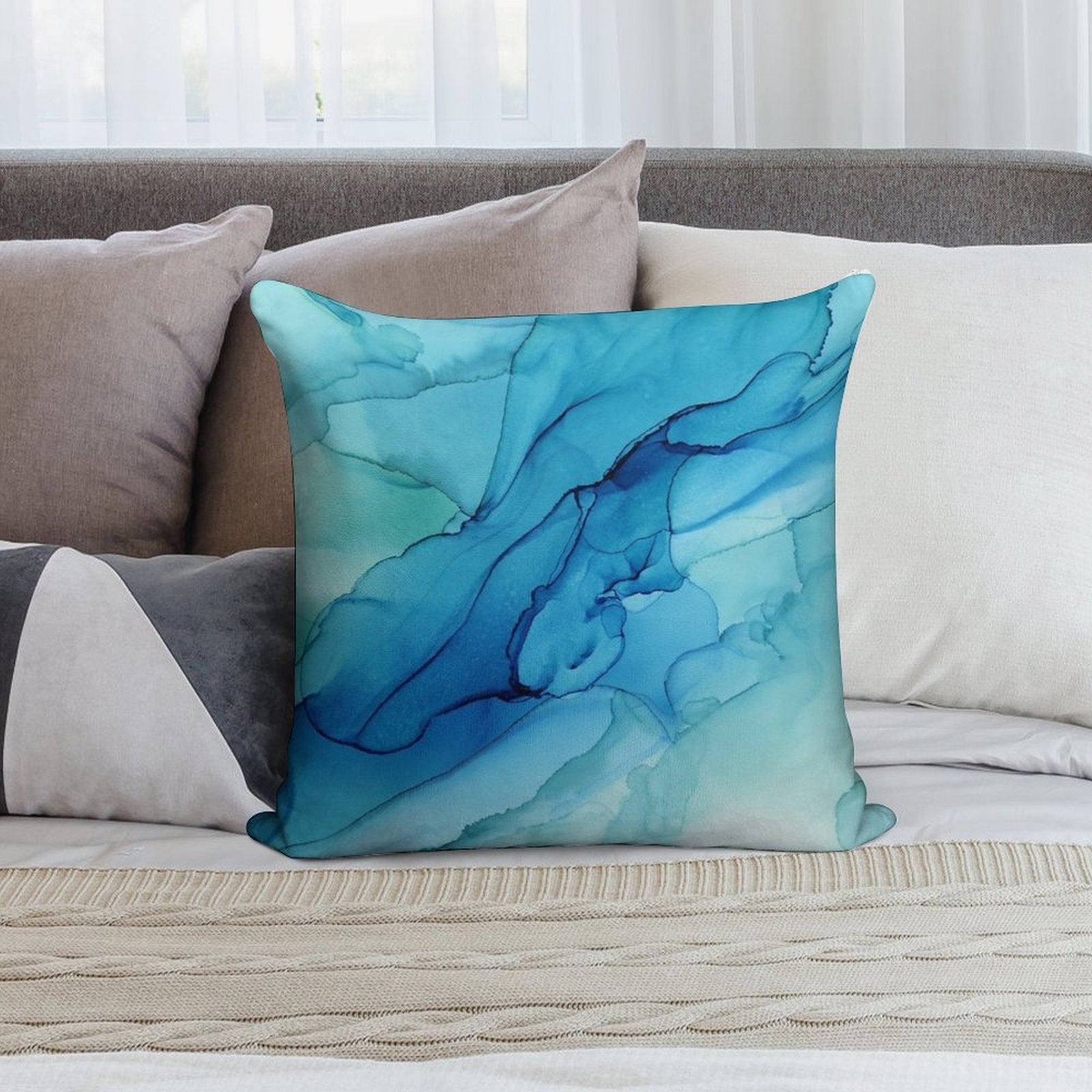 Blue Emerald Water Ombre Abstract Ink Soft Home Decor Throw Pillow
