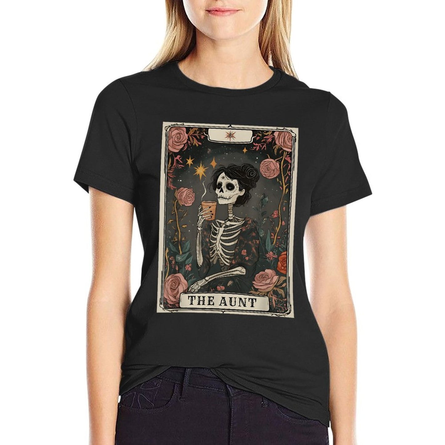 The Aunt Tarot Card Women Skeleton Aunty Coffee Lover Cotton T-Shirt