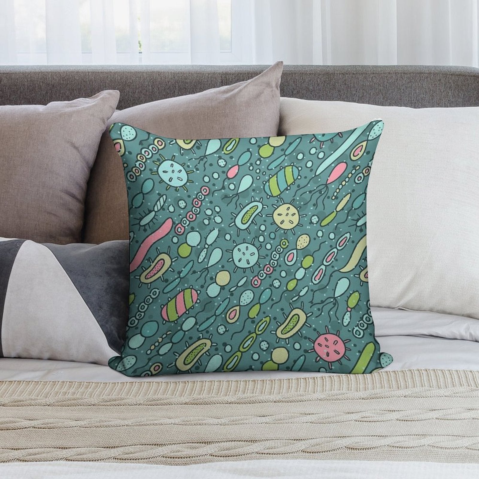 Microbes Pattern. Bacteria Design for Biology Lovers. Virus Illustration. Soft Anti-Pilling Throw Pillow