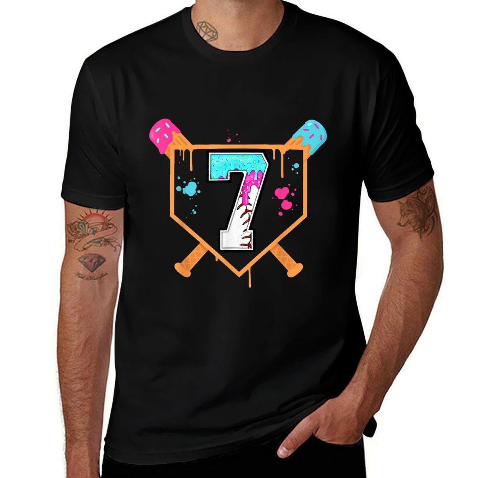 Baseball 7th Birthday Ice Cream Drip 7 Years Old Bday Boy  Wrinkle-resistant T-Shirt