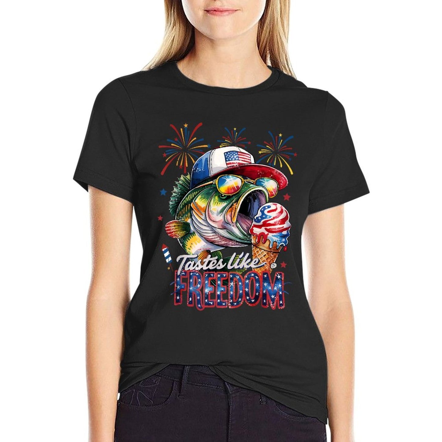 Tastes Like Freedom Bass Fishing Funny 4th of July Men Kids Easy-care T-Shirt