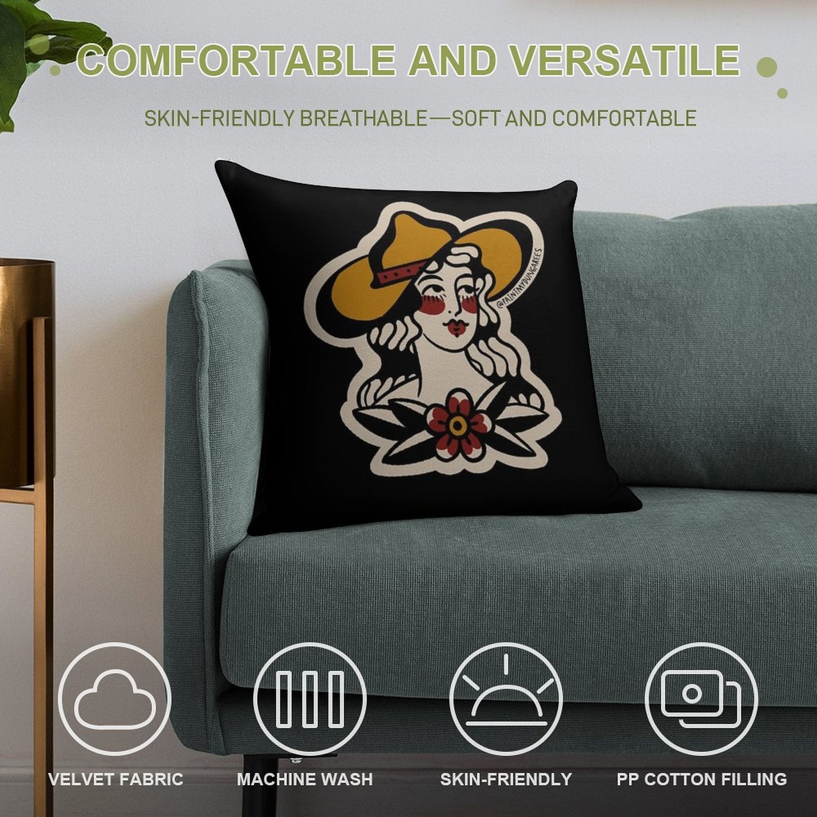 Traditional Cowgirl Tattoo Flash Soft Home Decor Throw Pillow