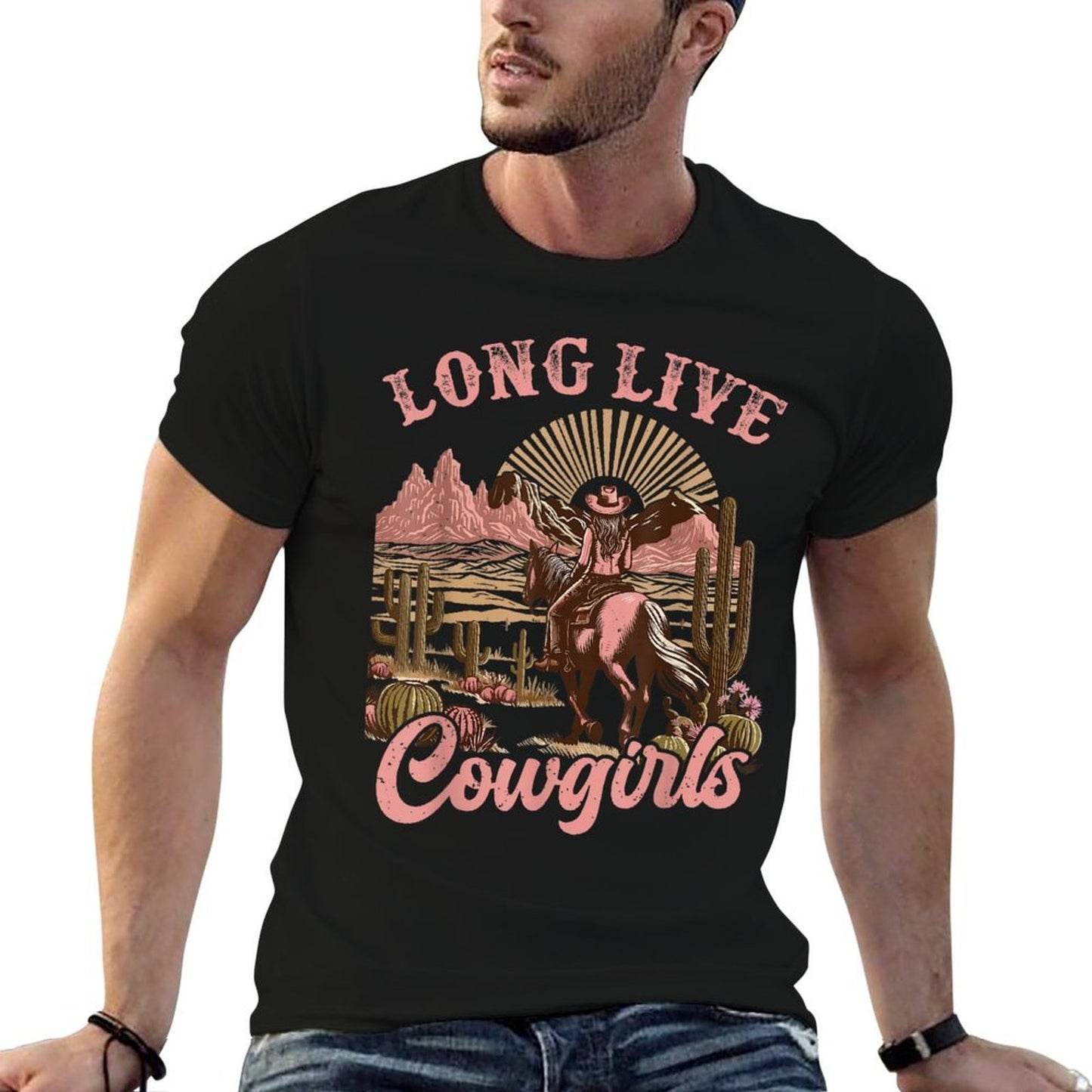 Vintage Western Country Southern Women Girls Gifts Long Live Country Cute Cowgirl Riding Horse Howdy Rodeo Stretchy T-Shirt