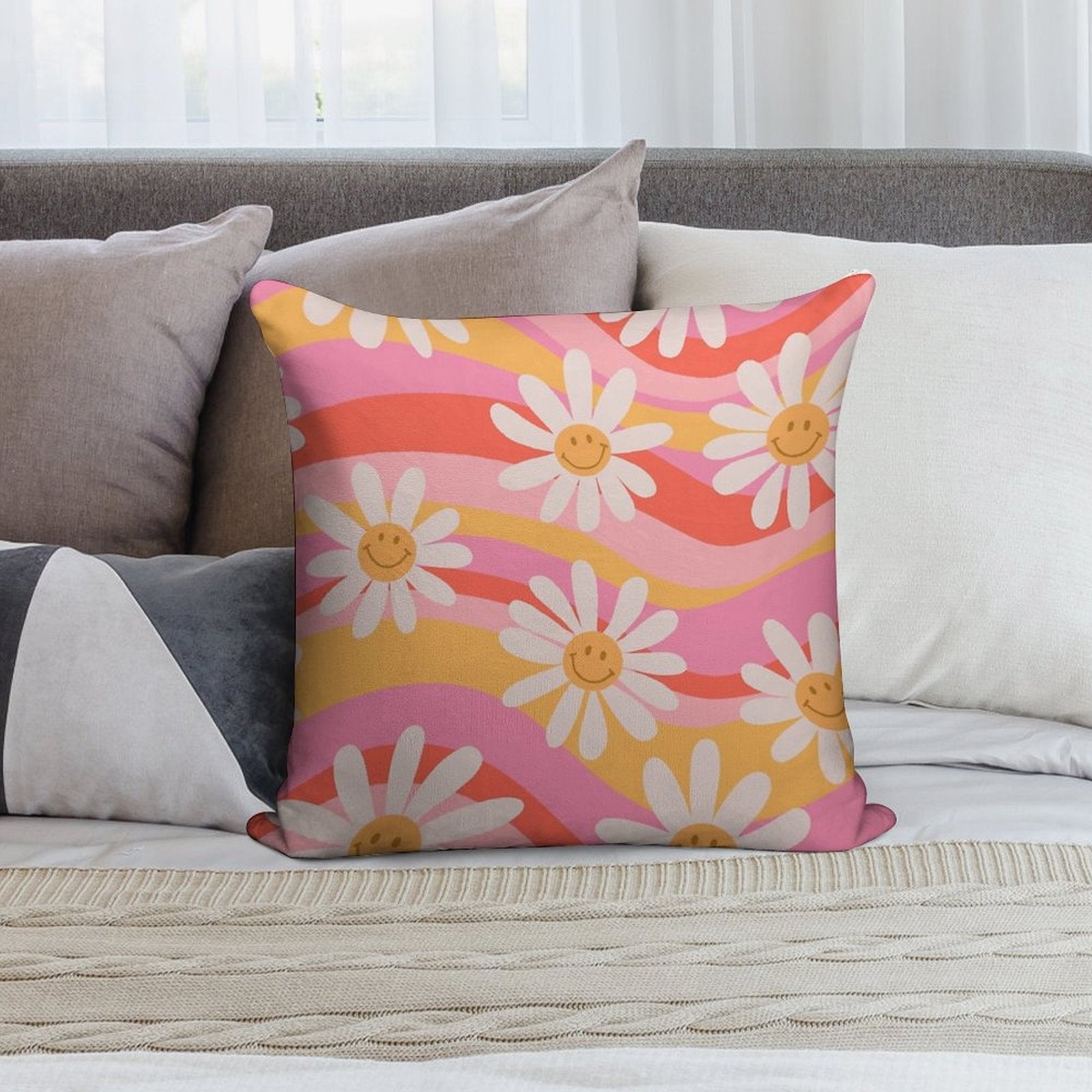 Wavy Daisies Soft Shrink-Resistant Throw Pillow