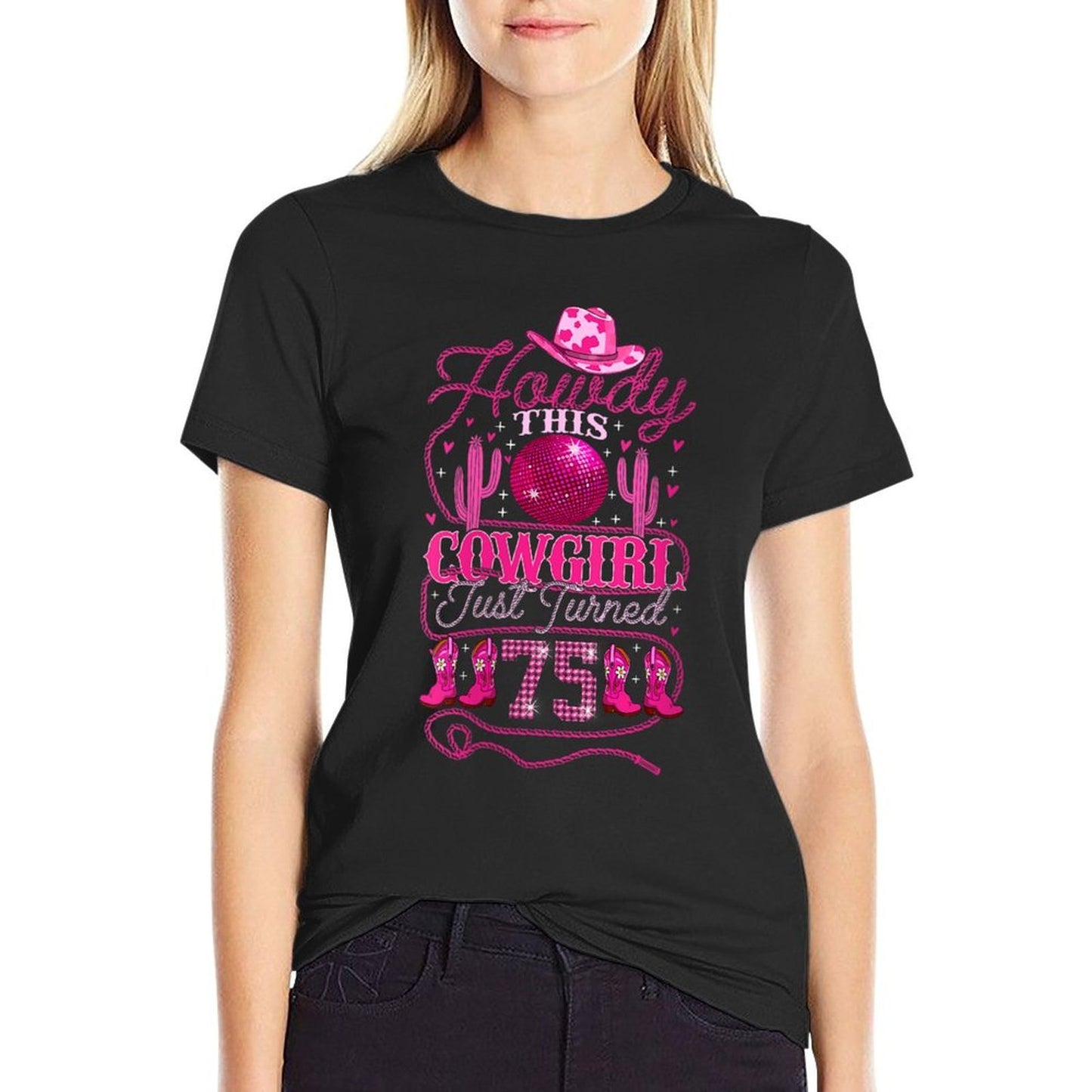 Womens Howdy Cowboy Hat Womens Pink Boots Disco Ball 75th Birthday Polyester Blend T-Shirt
