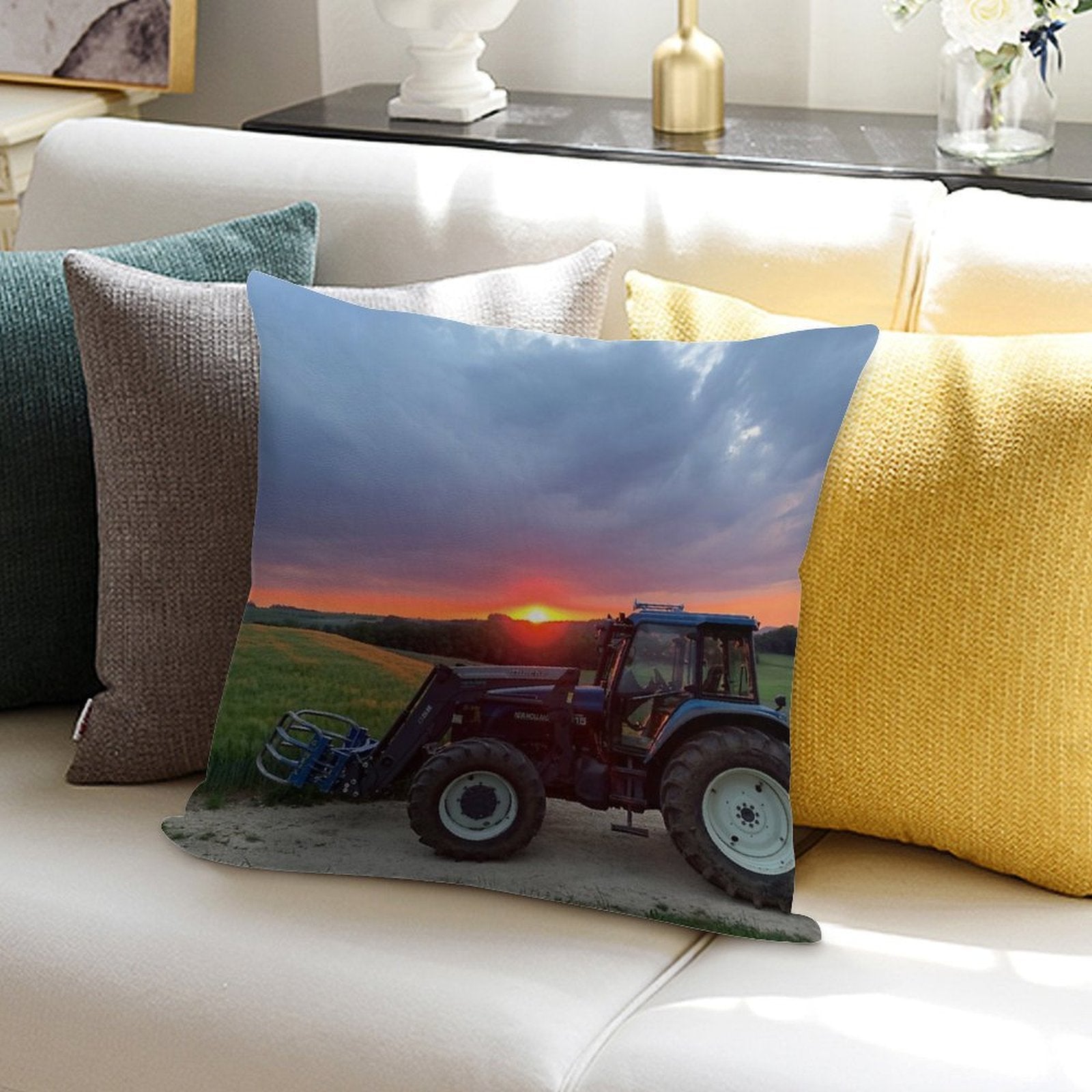 New Holland Tractor at Sunset Soft Short Plush Fabric Throw Pillow