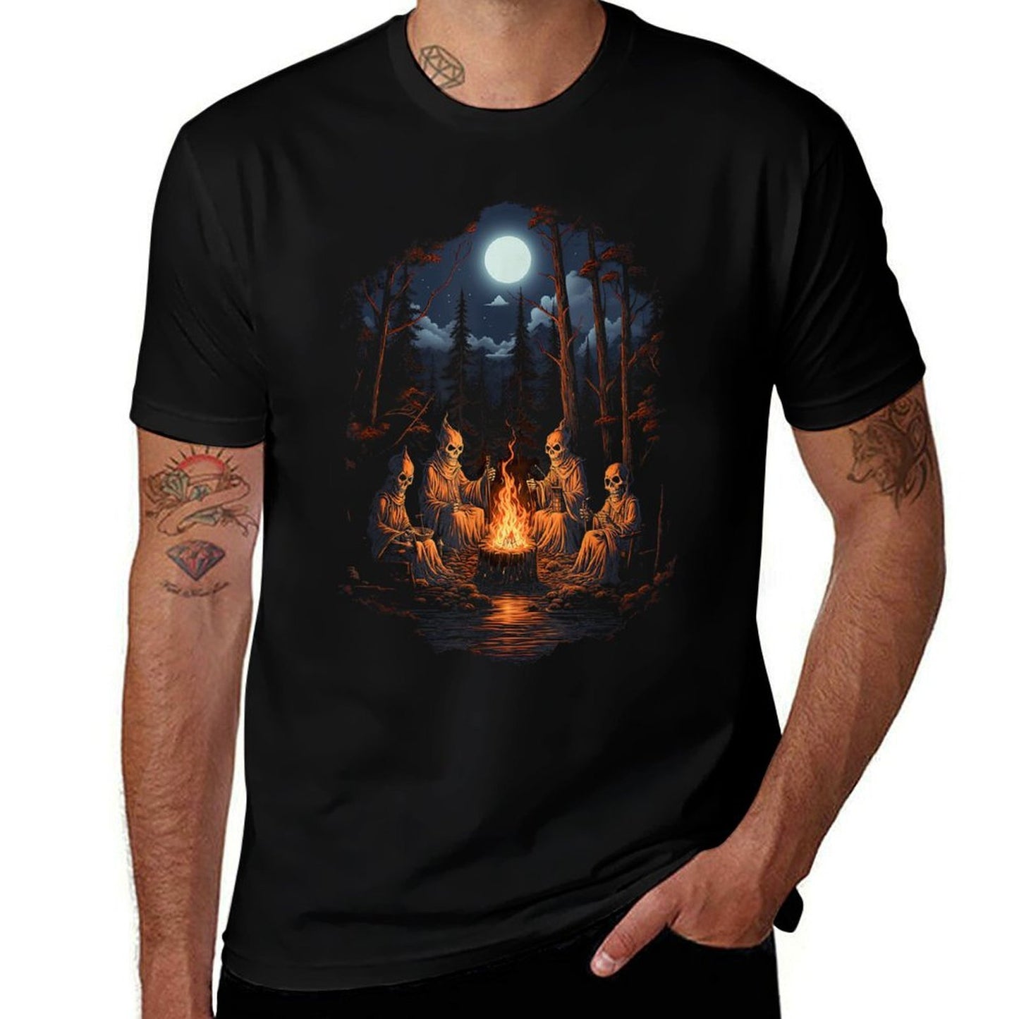 Vintage Ghost And Skeleton by Fire Camping Gothic Halloween Wrinkle-resistant T-Shirt