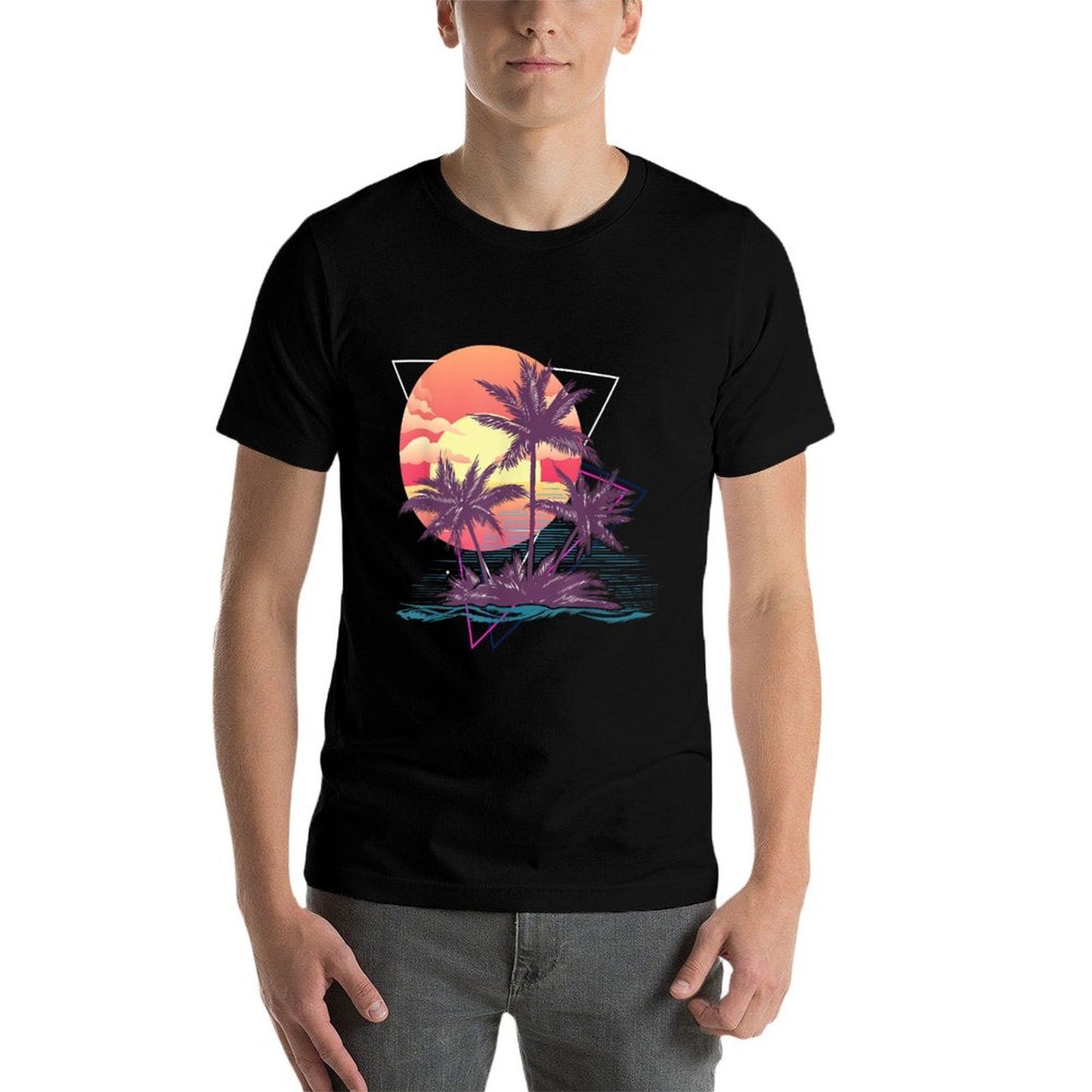 Sunset Beach Palm Trees Tropical Summer Retro Polyester Blend T-Shirt