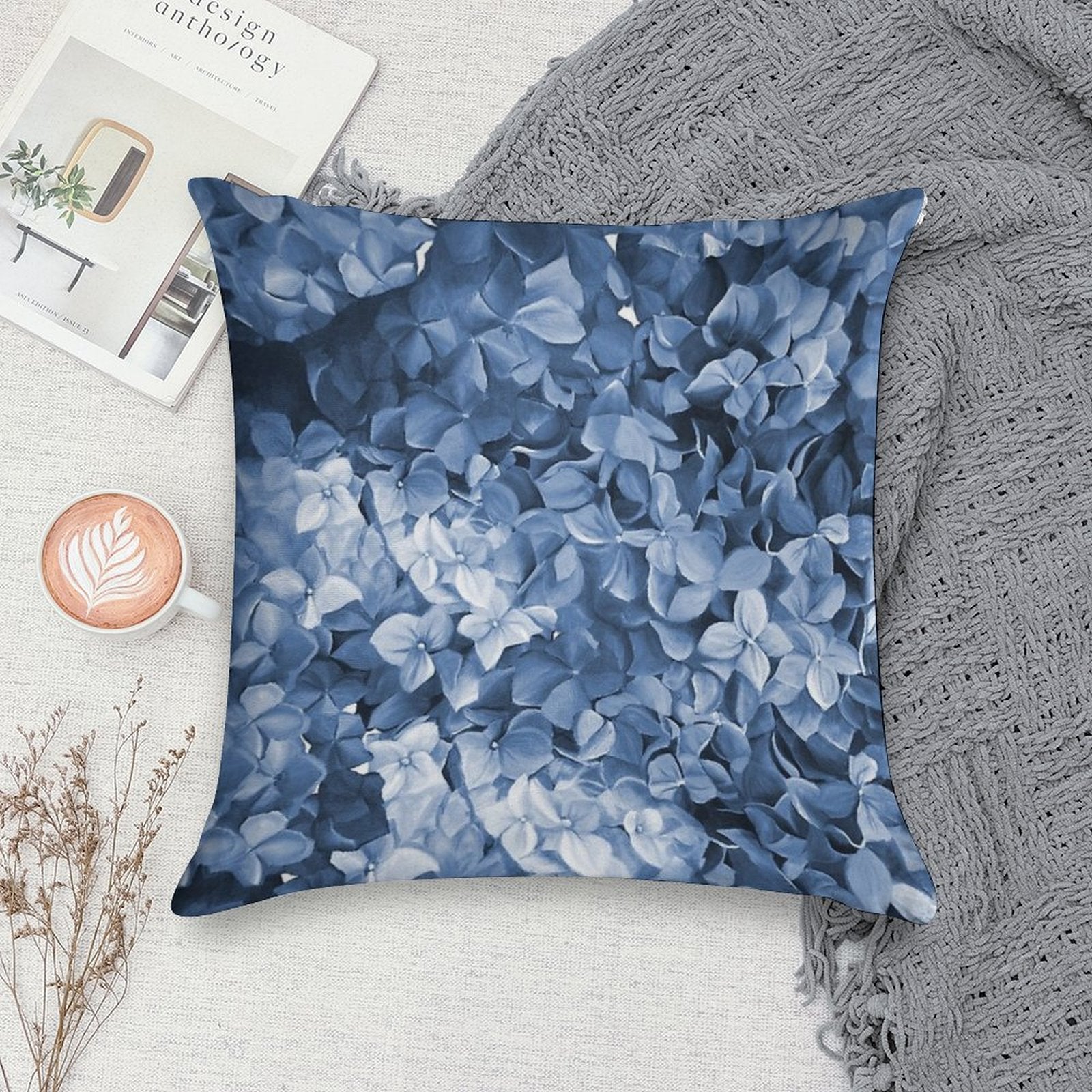Hydrangea Hamptons Blue Soft High-Density Material Throw Pillow