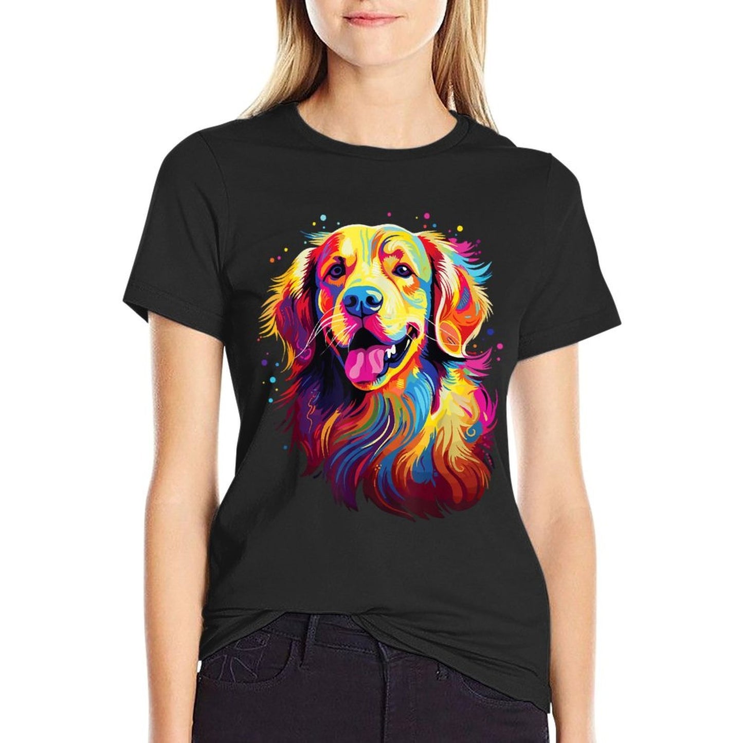 Watercolor Colorful Golden Retriever Dog Ribbed Collar T-Shirt