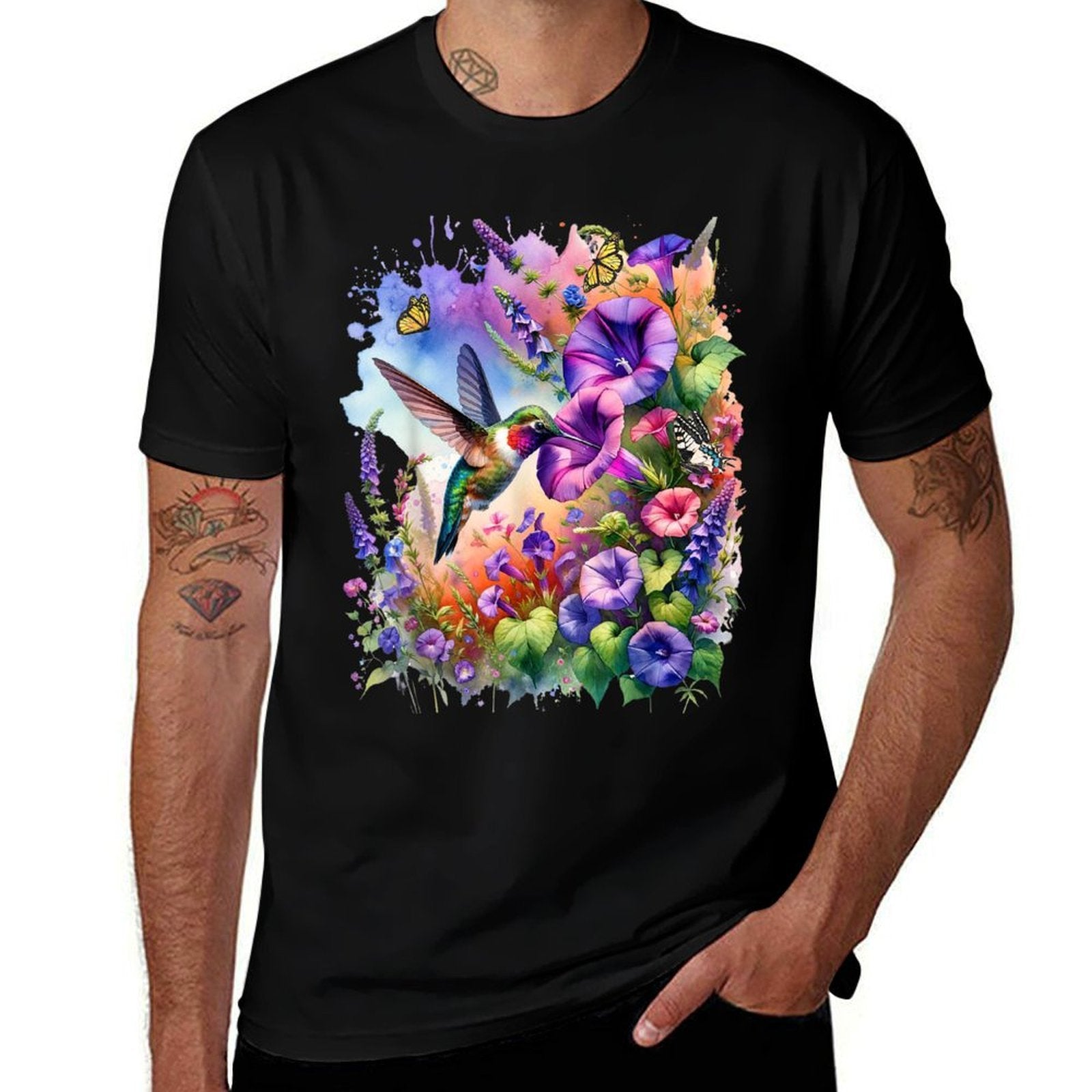 Ruby Throated Hummingbird With Wild Flowers And Butterflies  Quick-drying T-Shirt