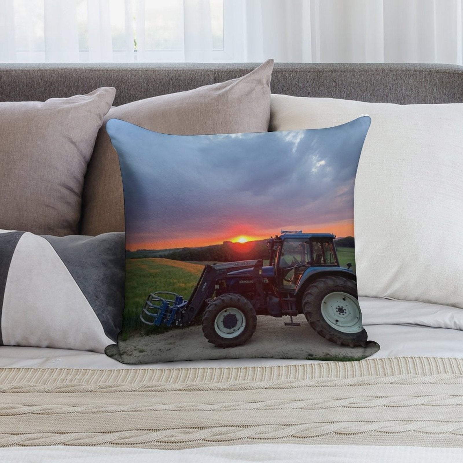New Holland Tractor at Sunset Soft Short Plush Fabric Throw Pillow