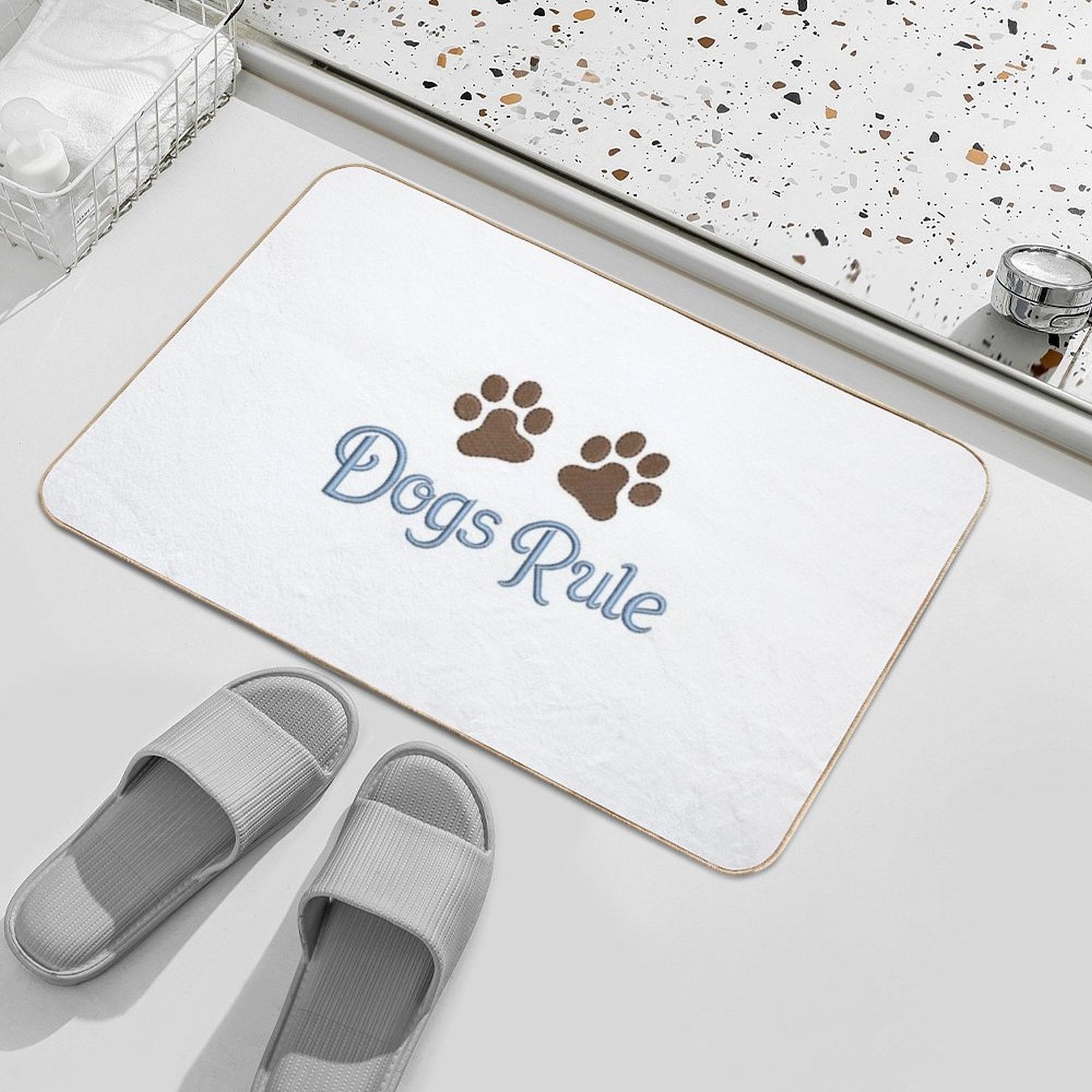 Dogs Rule Text Blue with Paw Prints  Anti-Trip Bath Mat
