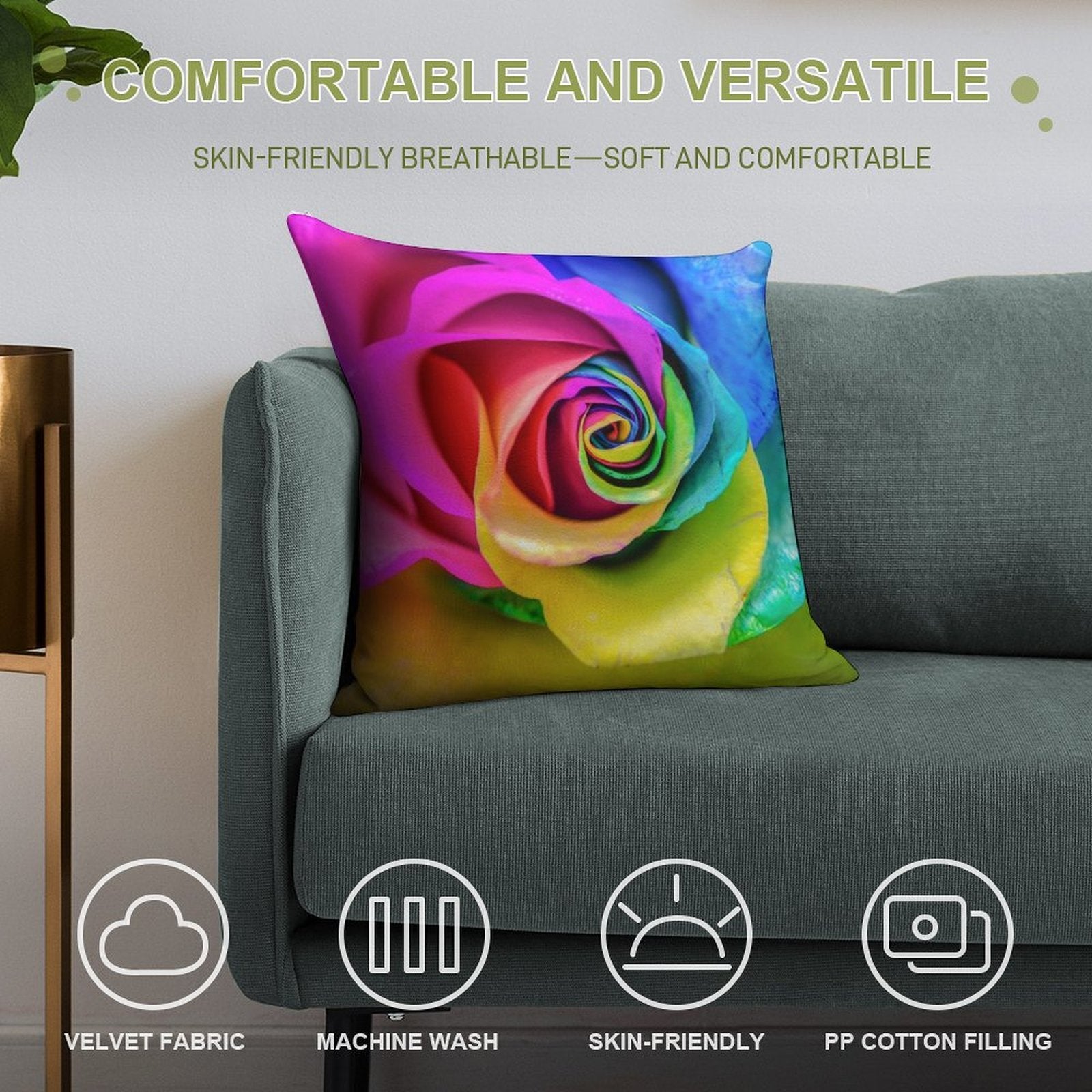 Rainbow Rose Soft Short Plush Fabric Throw Pillow