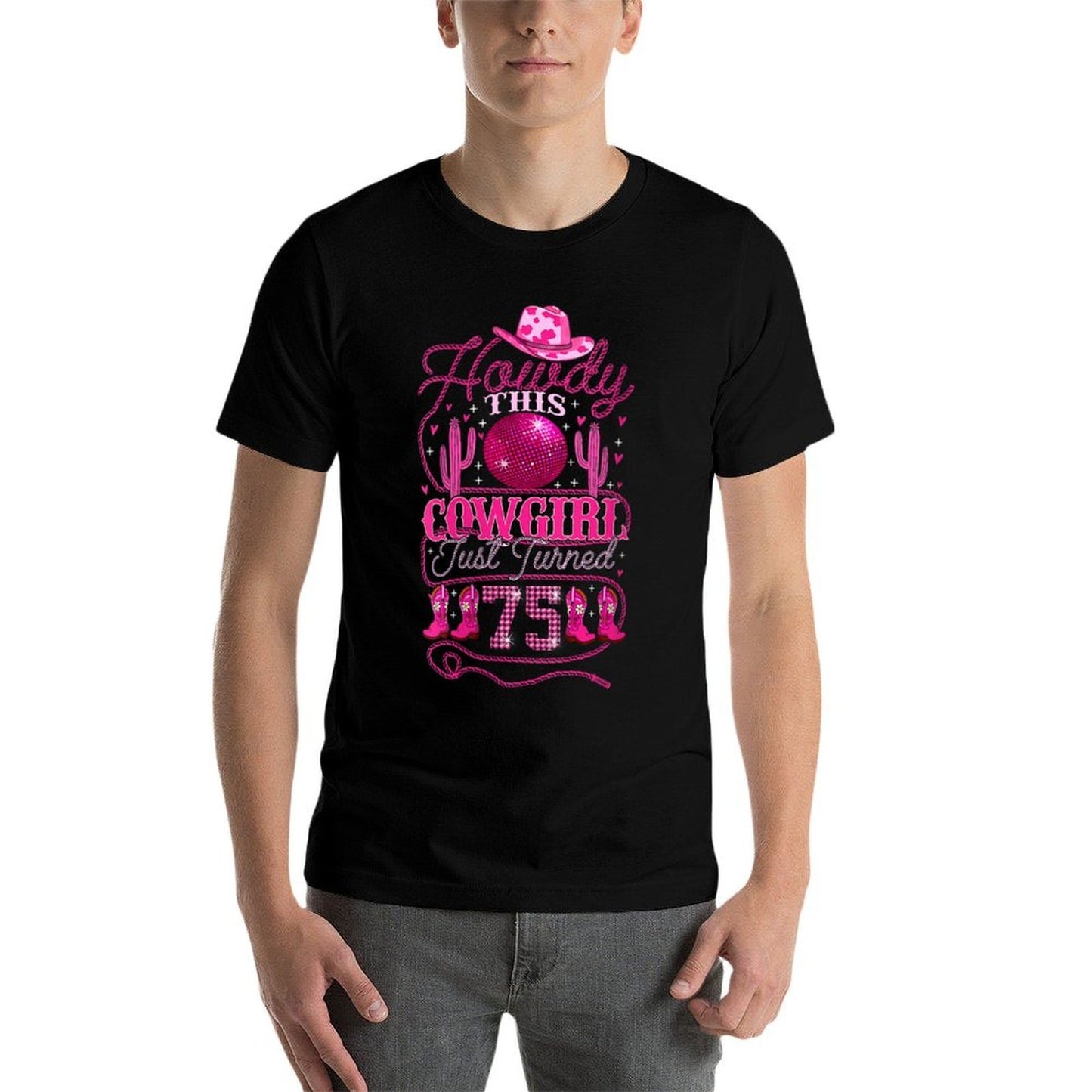 Womens Howdy Cowboy Hat Womens Pink Boots Disco Ball 75th Birthday Polyester Blend T-Shirt