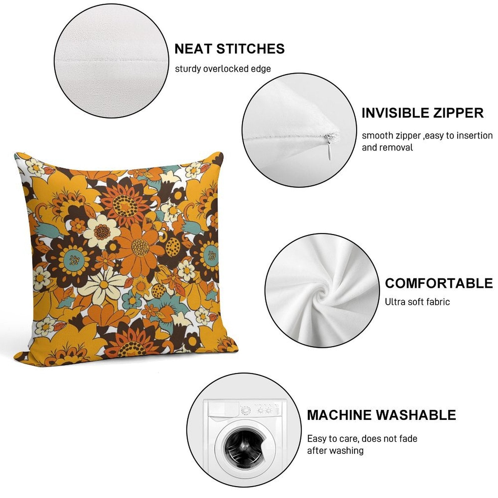 70s 60s Retro Flower Power, Floral Pattern Soft Easy Maintenance Throw Pillow