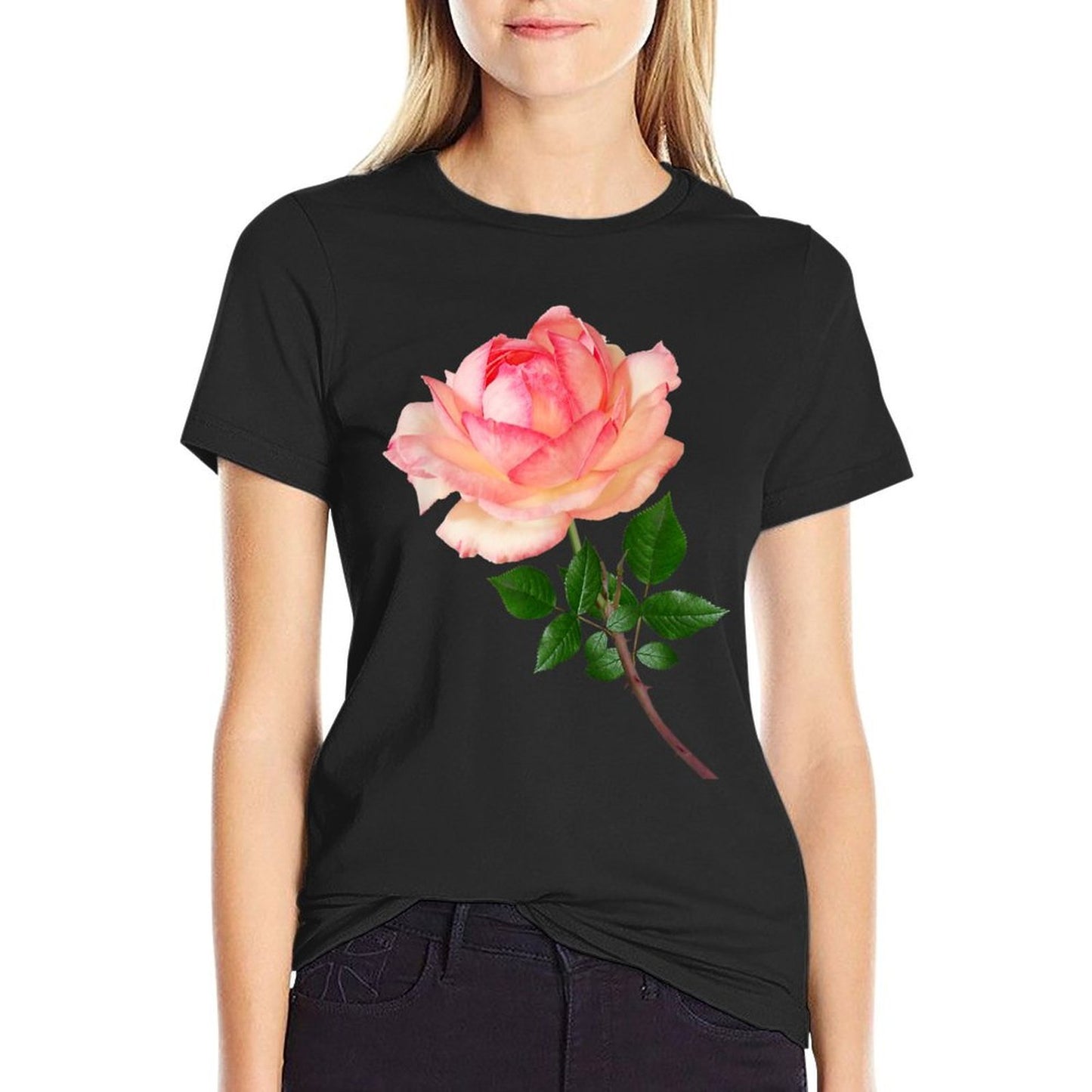 White And Pink Rose Morning Blush Botanical Flower Easy-care T-Shirt